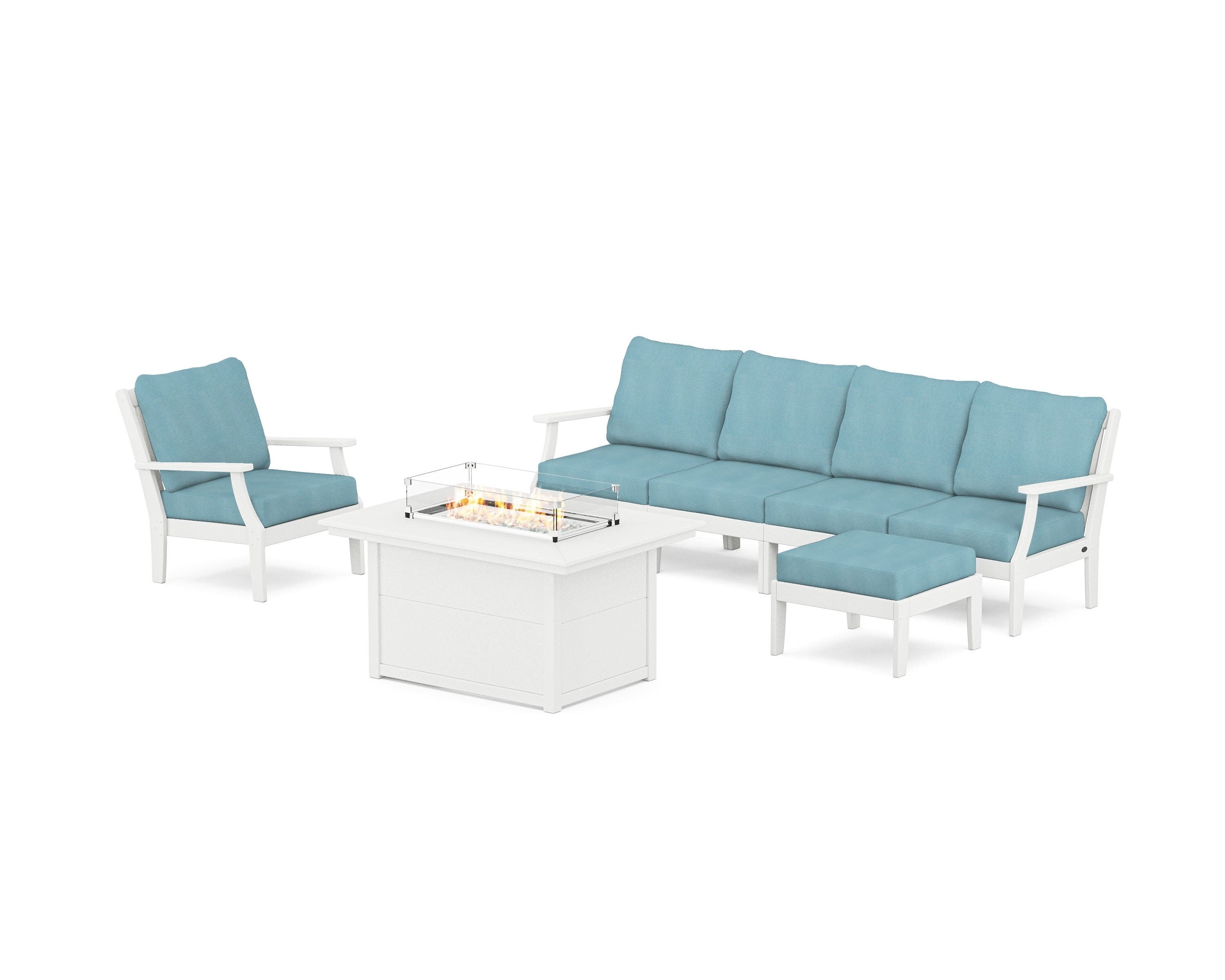 Braxton Sectional Lounge and Fire Pit Set in Vintage White / Lattice Sky Blue