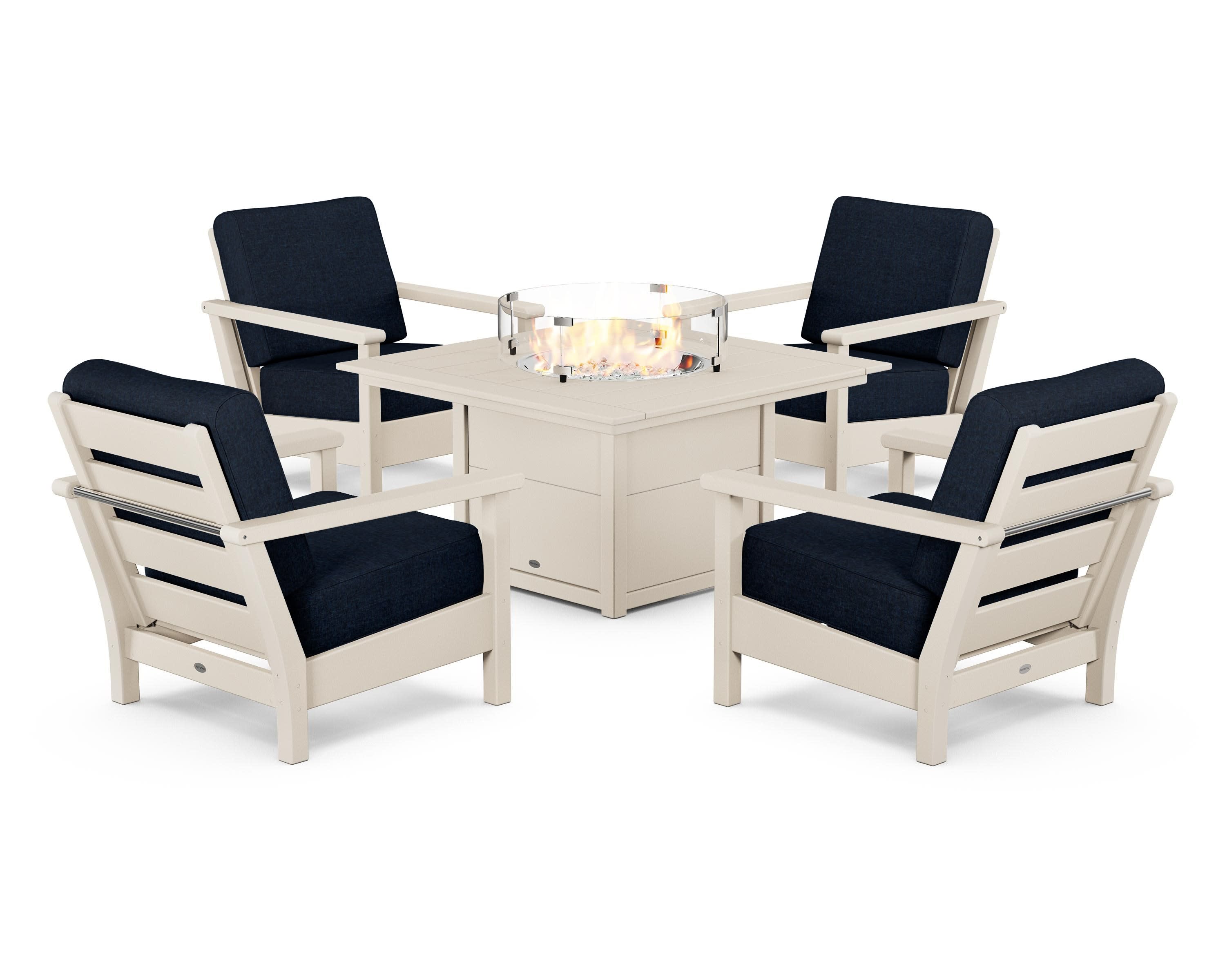 Harbour 5-Piece Conversation Set with Fire Pit Table in Sand / Marine Indigo