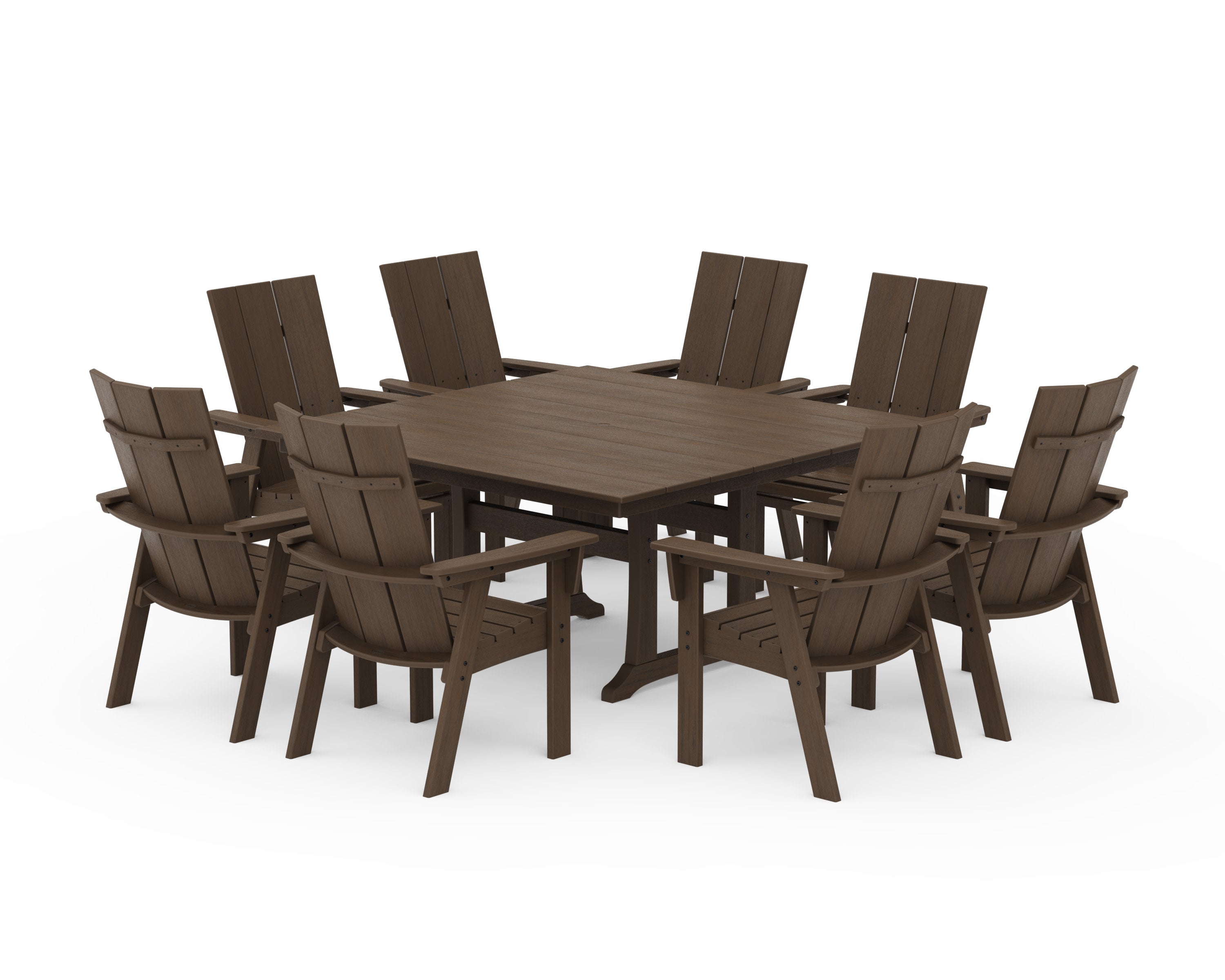 Modern Curveback Adirondack 9-Piece Farmhouse Trestle Dining Set in Kona