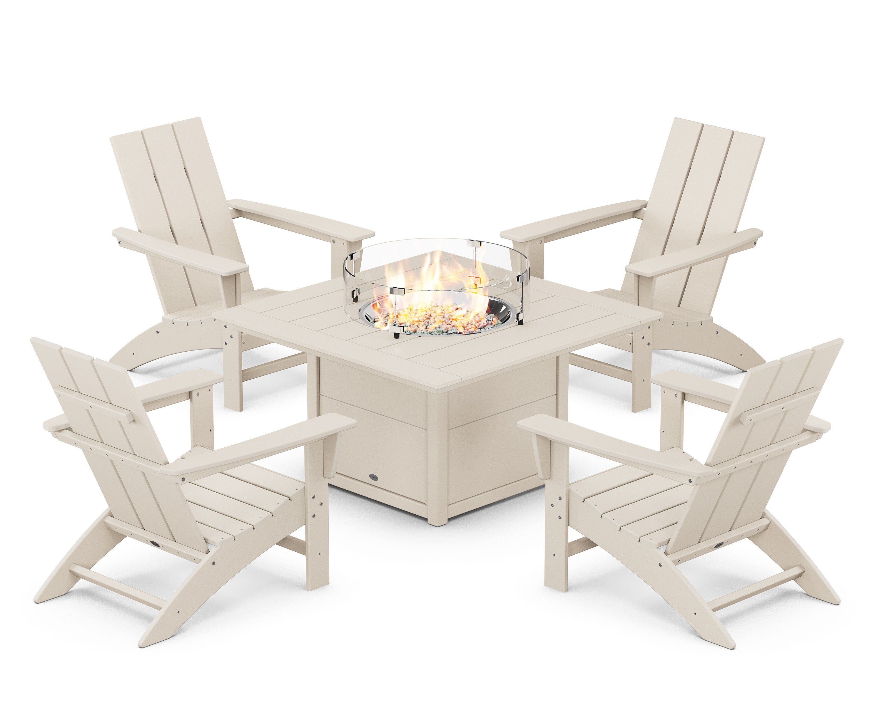Modern 5-Piece Adirondack Chair Conversation Set with Fire Pit Table in Sand