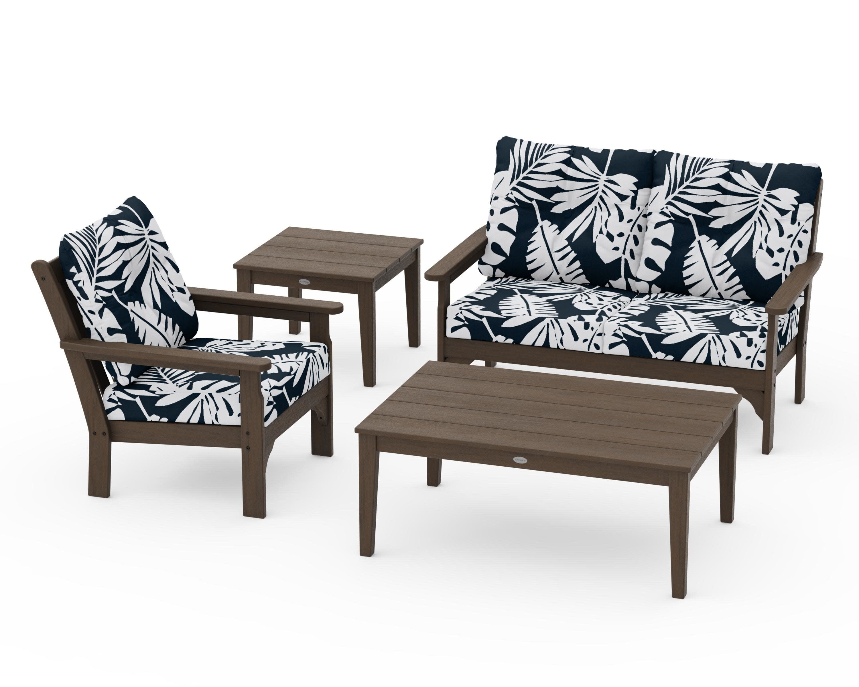 Vineyard 4-Piece Deep Seating Set in Kona / Leaf Marine Indigo