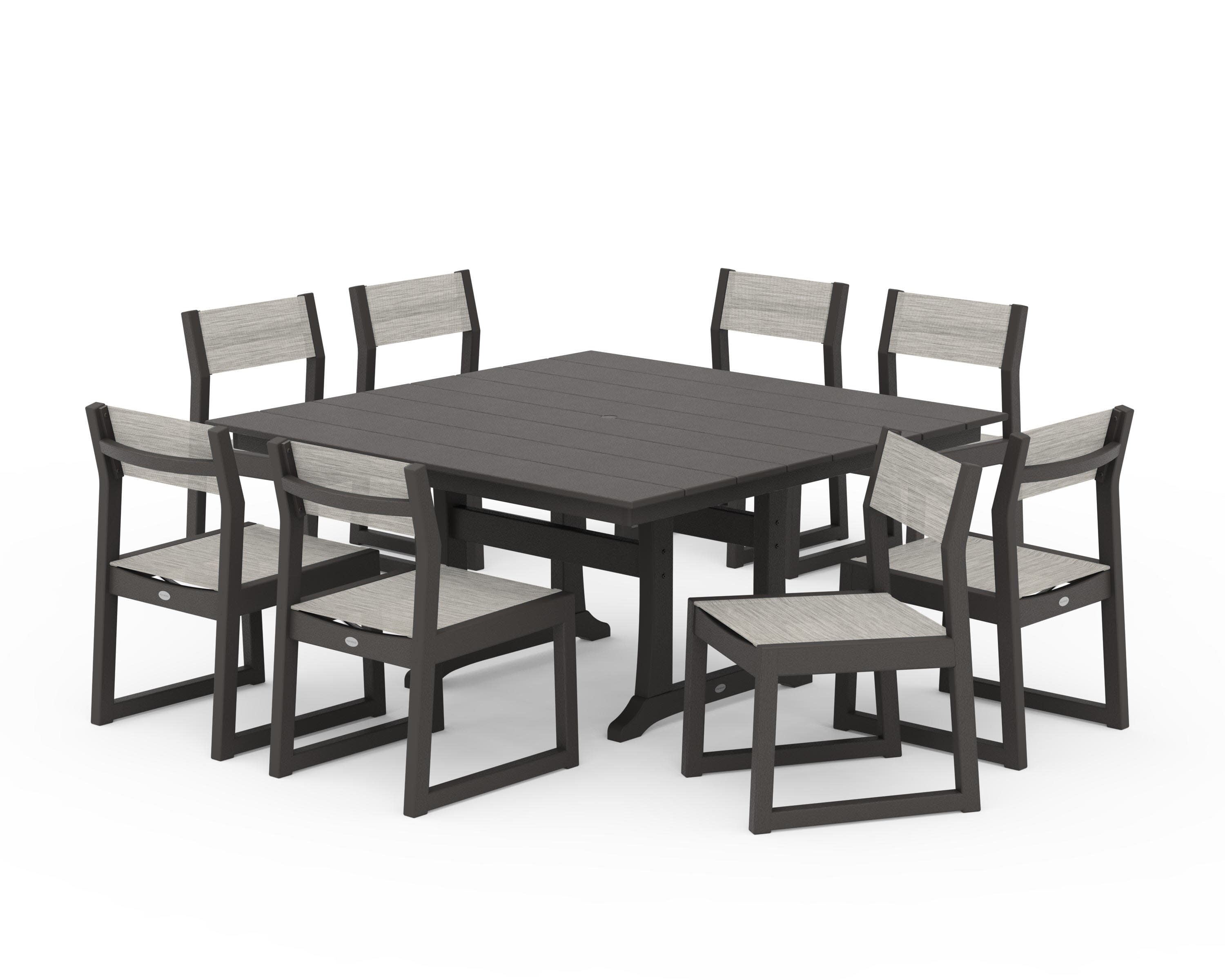 EDGE Sling Side Chair 9-Piece Farmhouse Trestle Dining Set in Vintage Coffee / Birch Sling