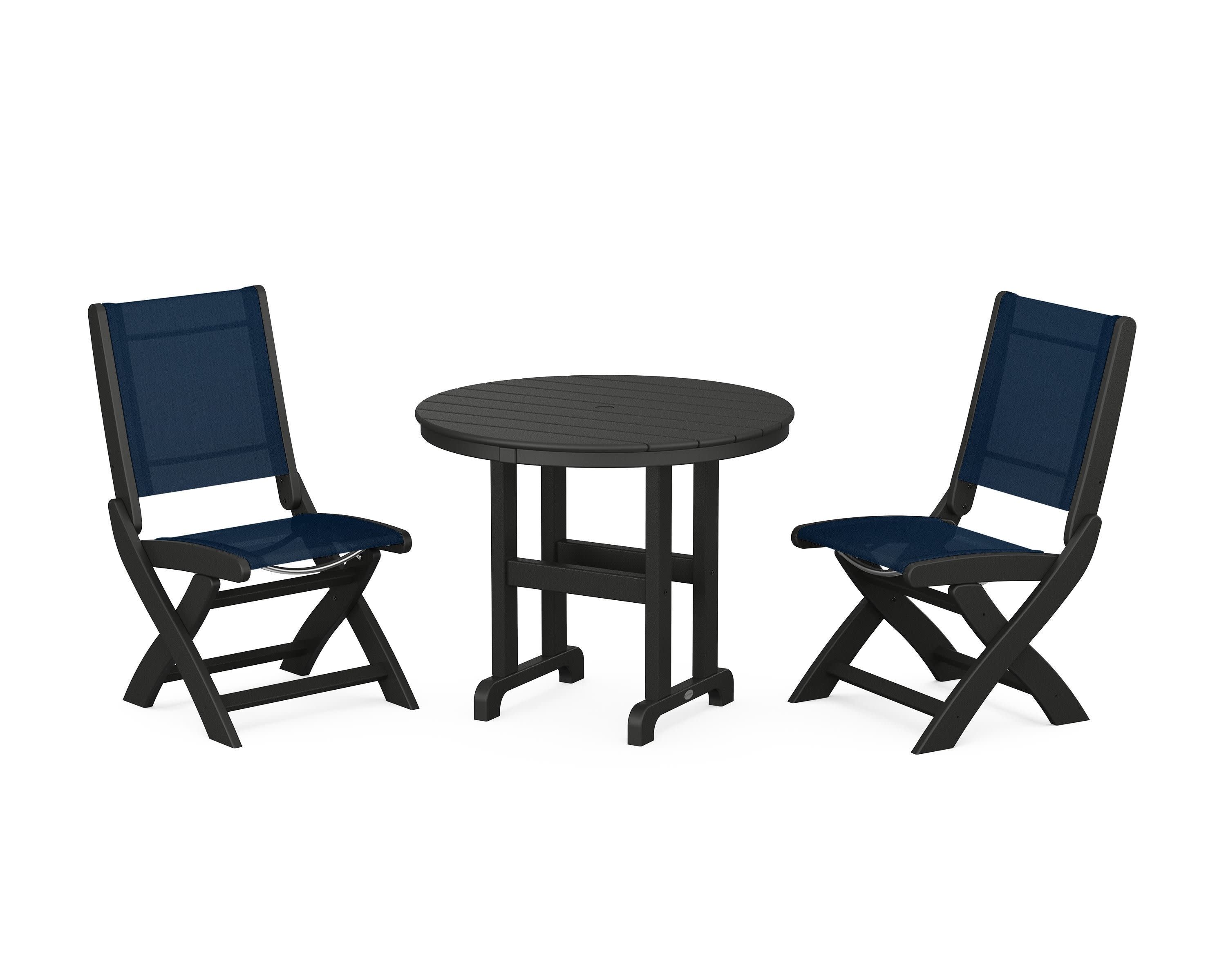 Coastal Folding Side Chair 3-Piece Round Dining Set in Black / Navy Blue Sling
