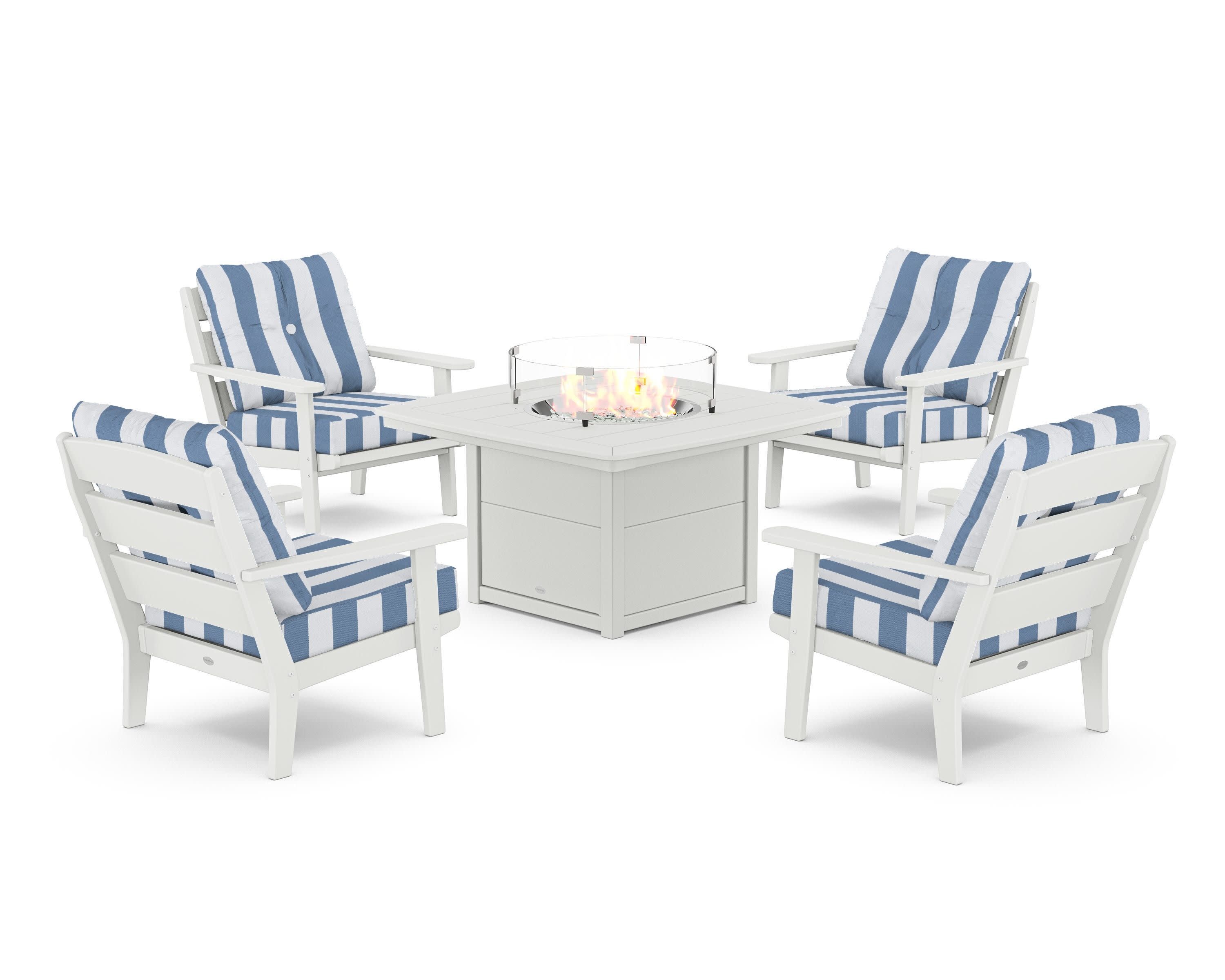 Lakeside 5-Piece Deep Seating Set with Nautical Fire Pit Table in White / Cabana Stripe Sky Blue