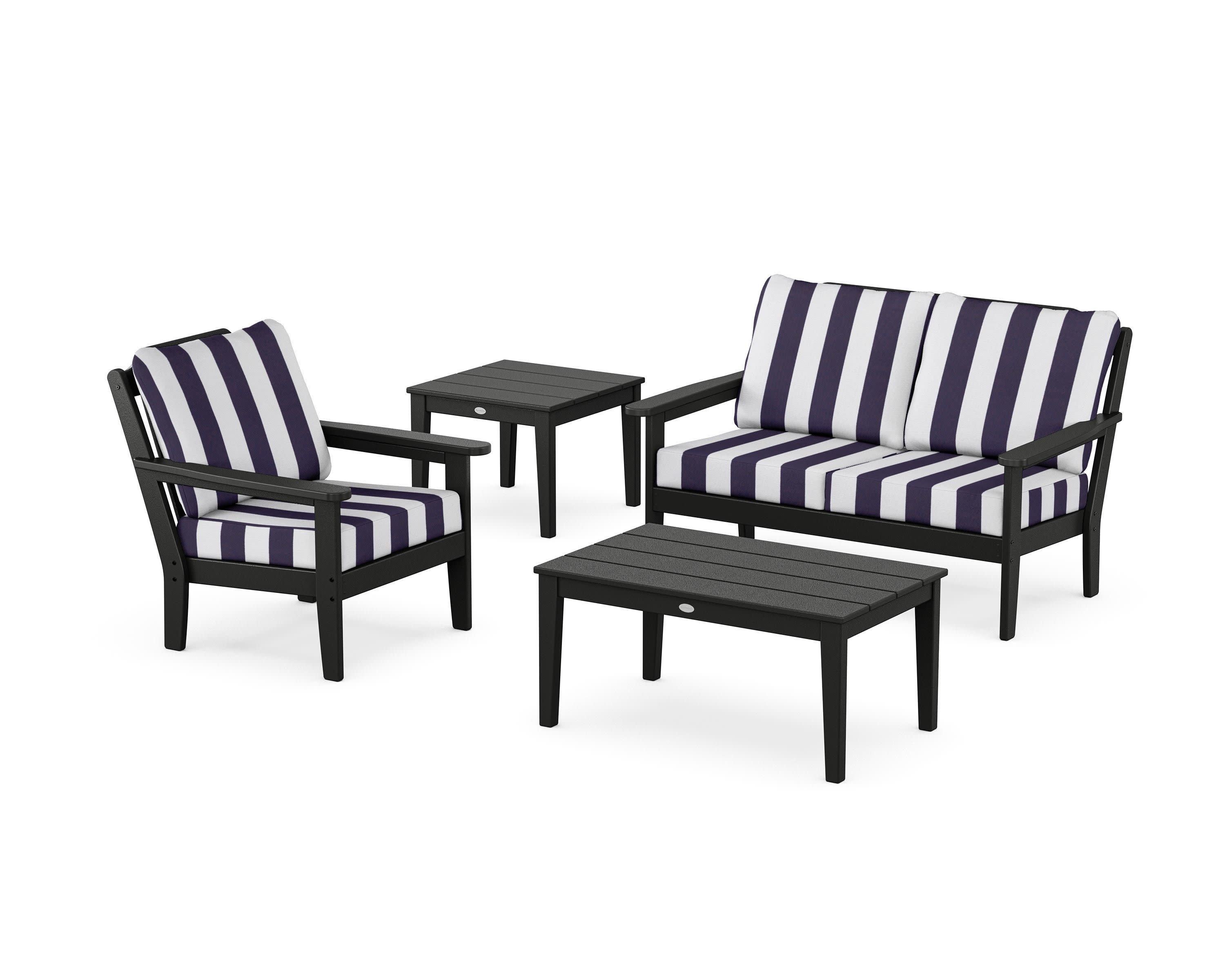 Wovendale 4-Piece Deep Seating Set in Black / Cabana Stripe Navy