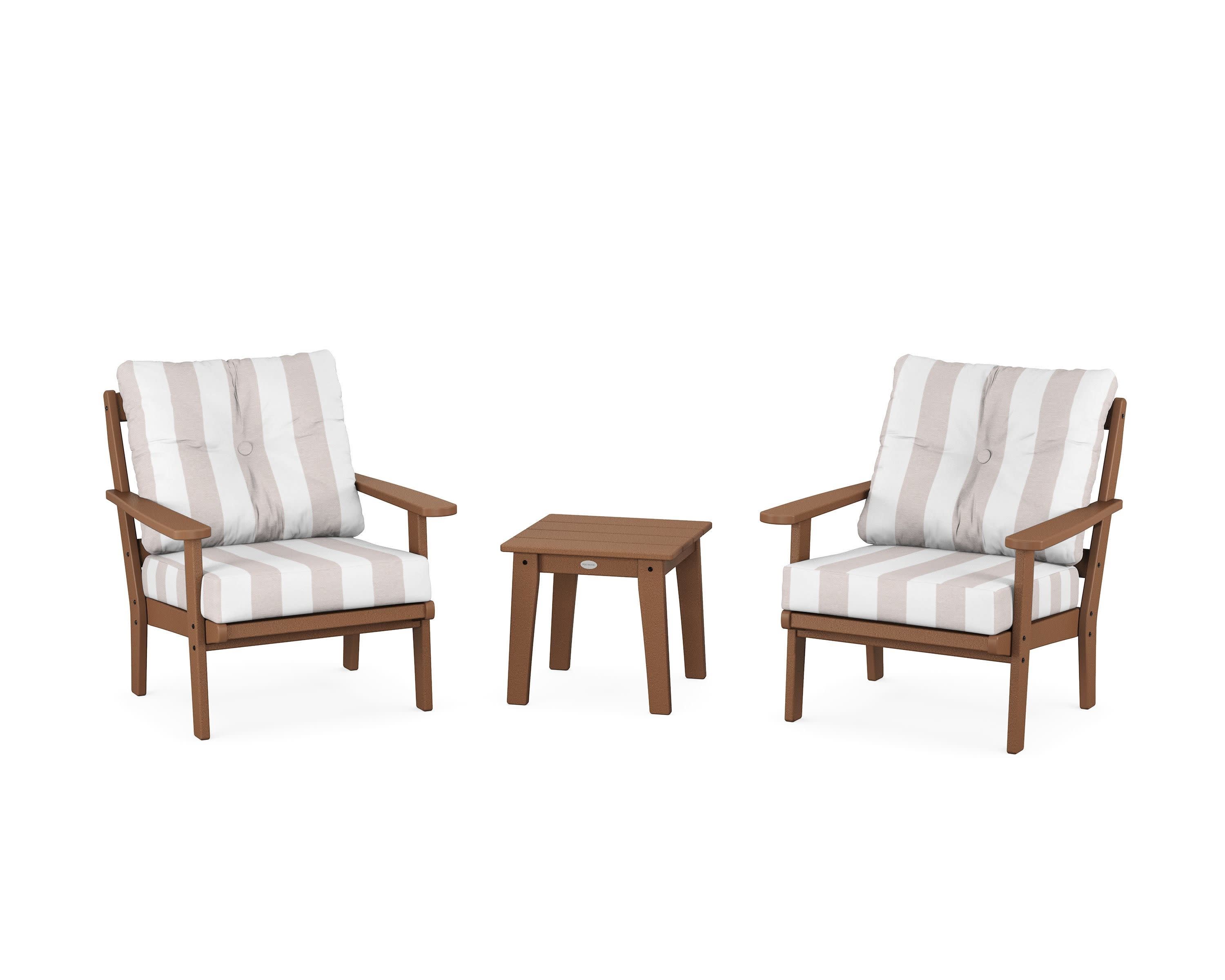 Mission 3-Piece Deep Seating Set in Teak / Cabana Stripe Dune Burlap