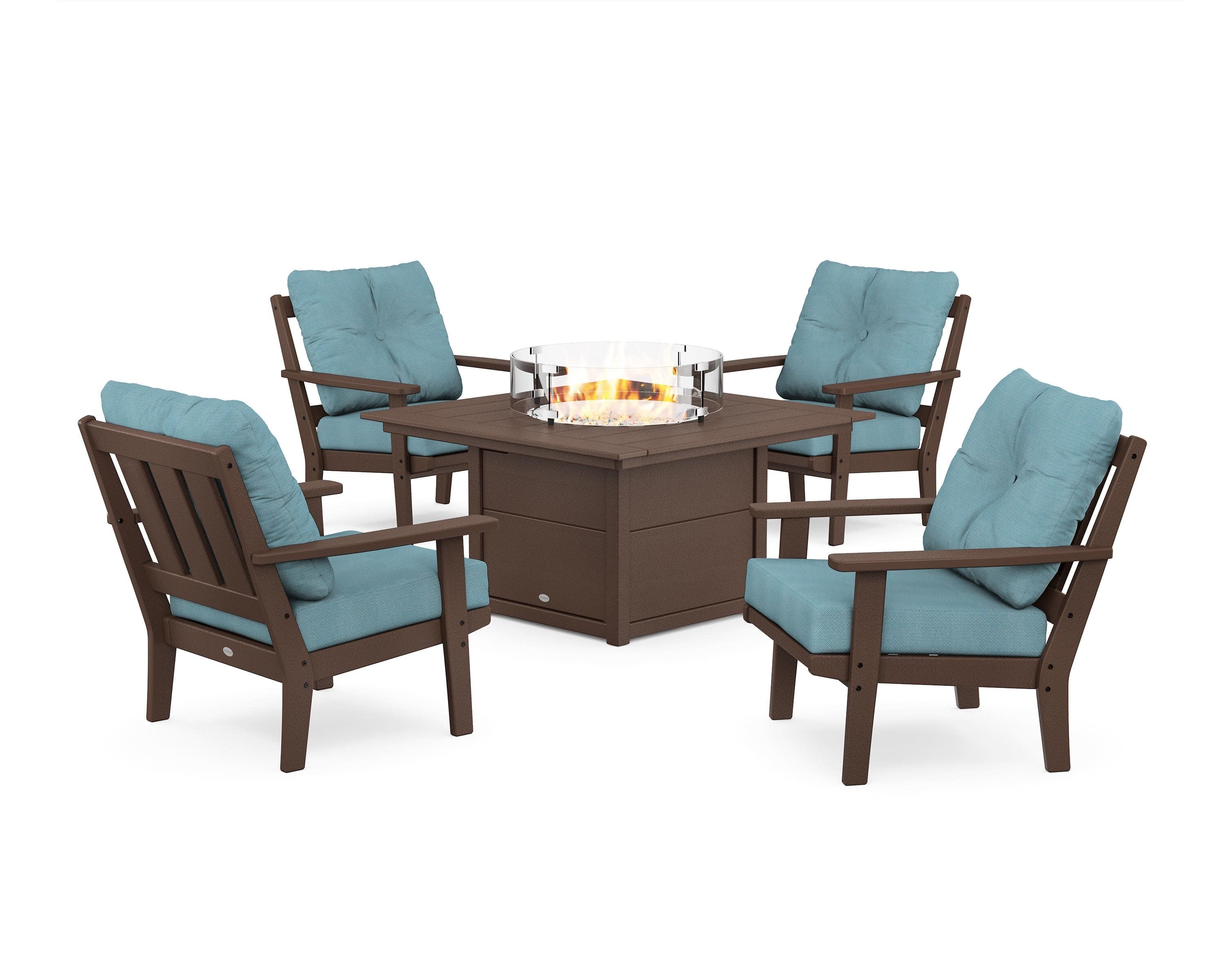 Oxford 5-Piece Deep Seating Set with Fire Pit Table in Mahogany / Lattice Sky Blue