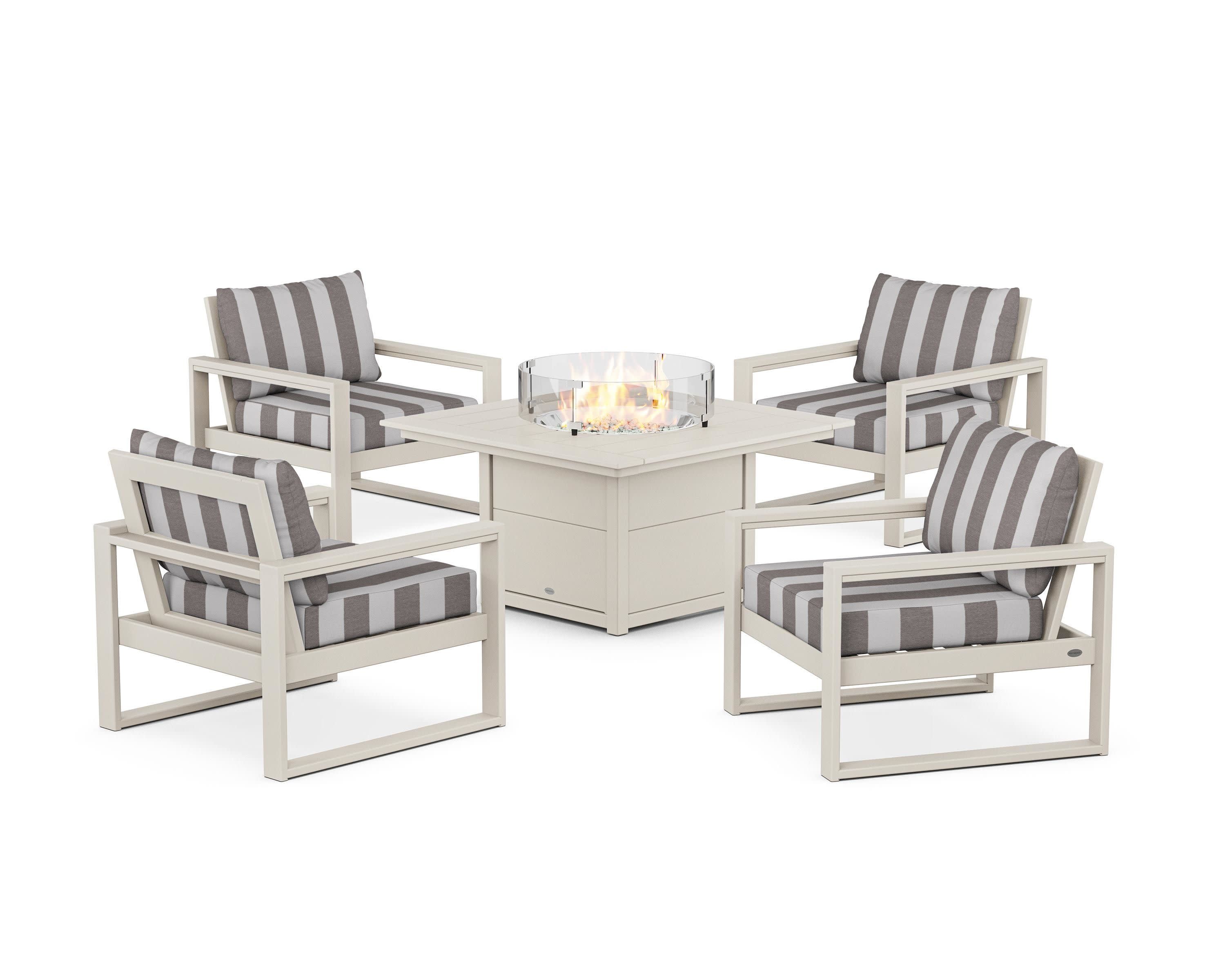 EDGE Sectional 5-Piece Deep Seating Set with Fire Pit Table in Sand / Cabana Stripe Grey Mist