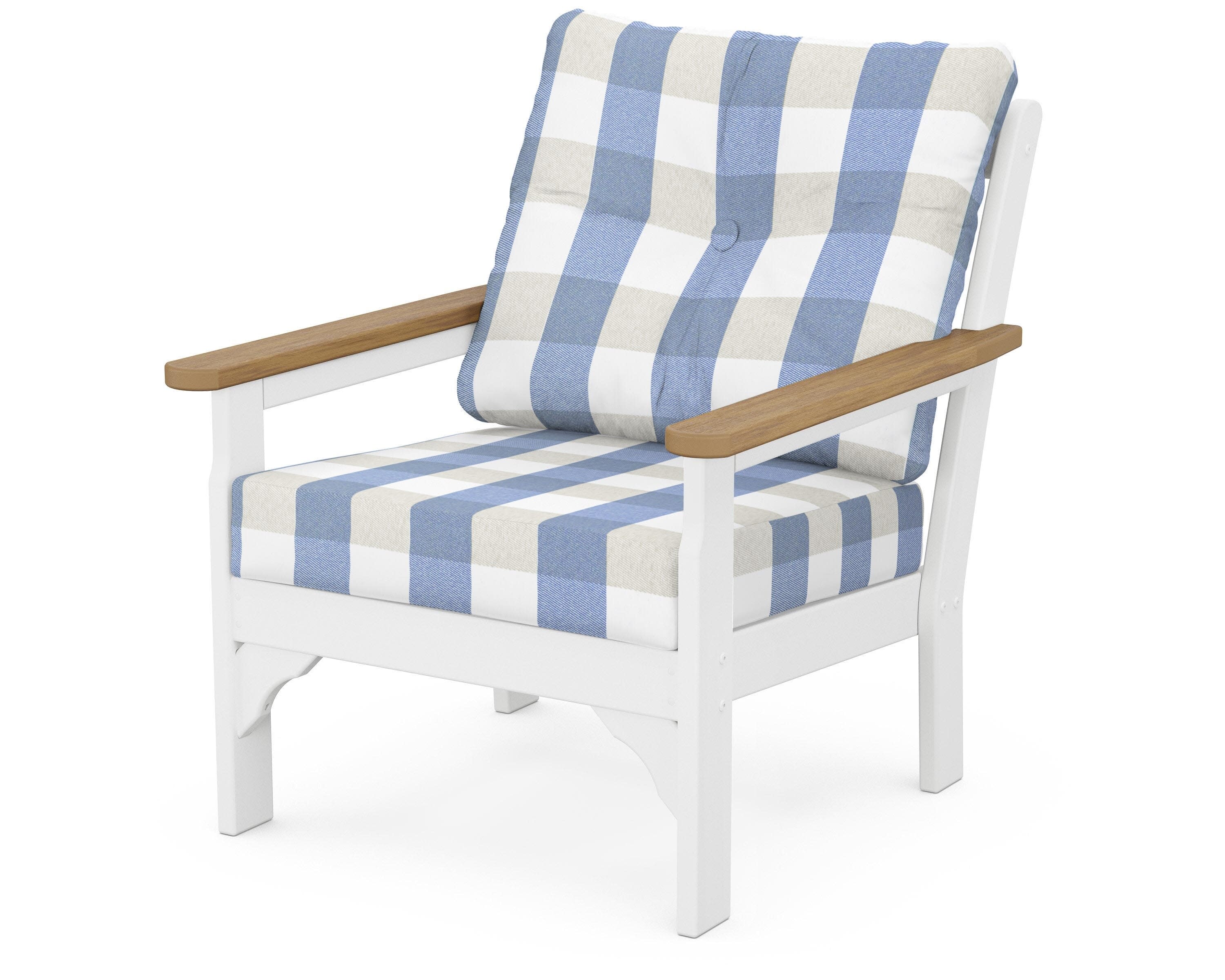 Vineyard Deep Seating Chair in White / Natural / Buffalo Plaid Sky Blue