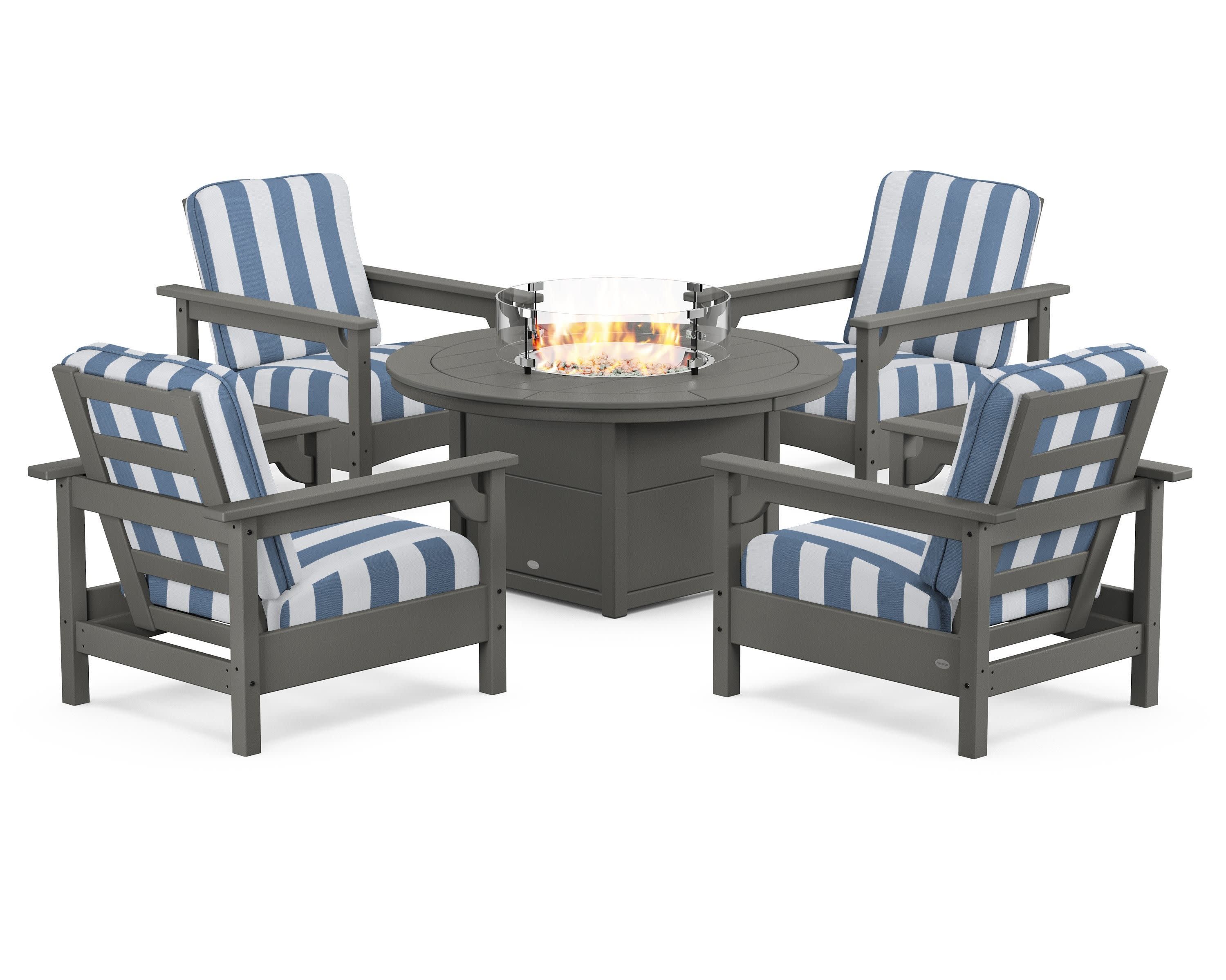 Club 5-Piece Conversation Set with Fire Pit Table in Slate Grey / Cabana Stripe Sky Blue