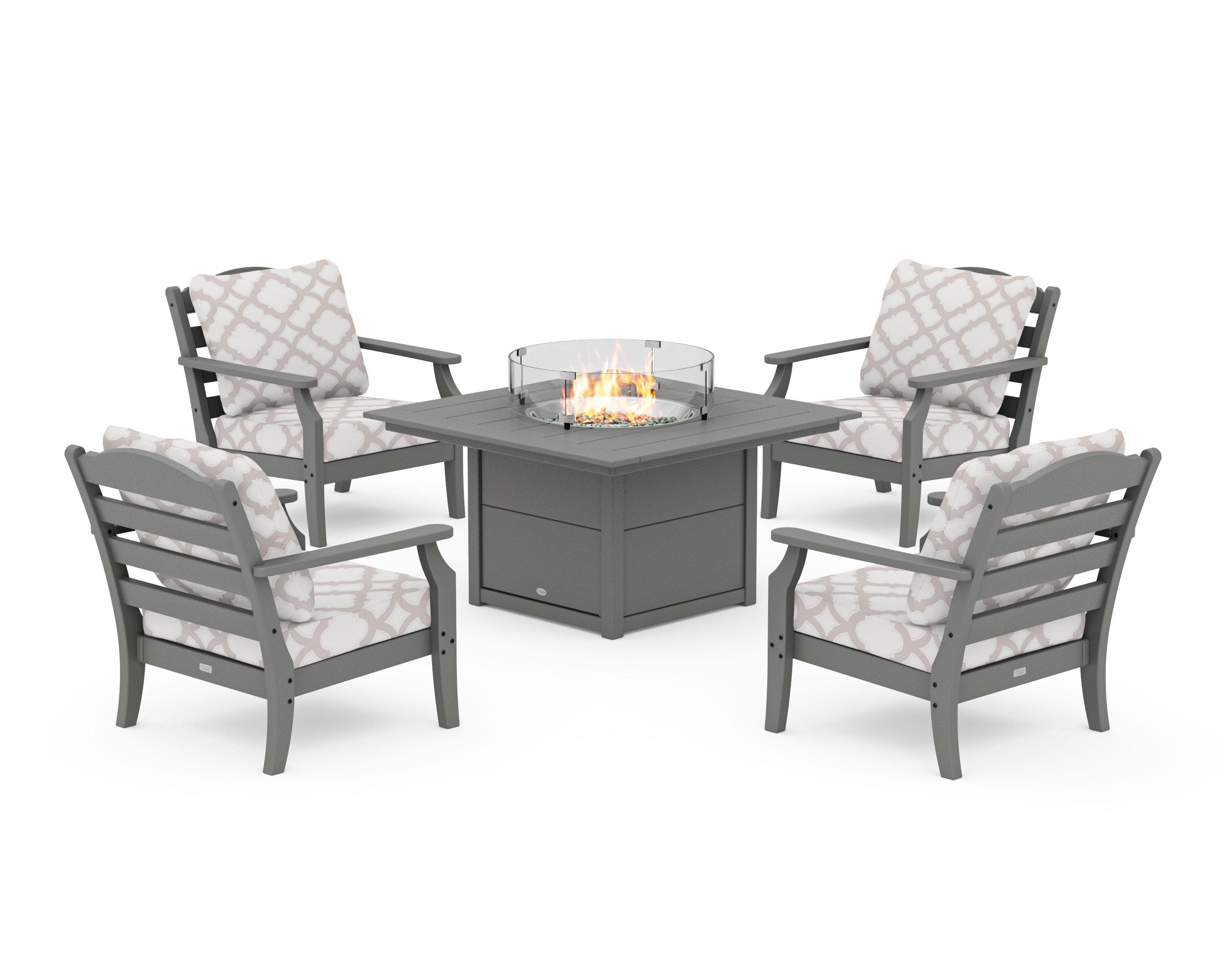 Savannah 5-Piece Deep Seating Set with Fire Pit Table in Slate Grey / Trellis Dune Burlap