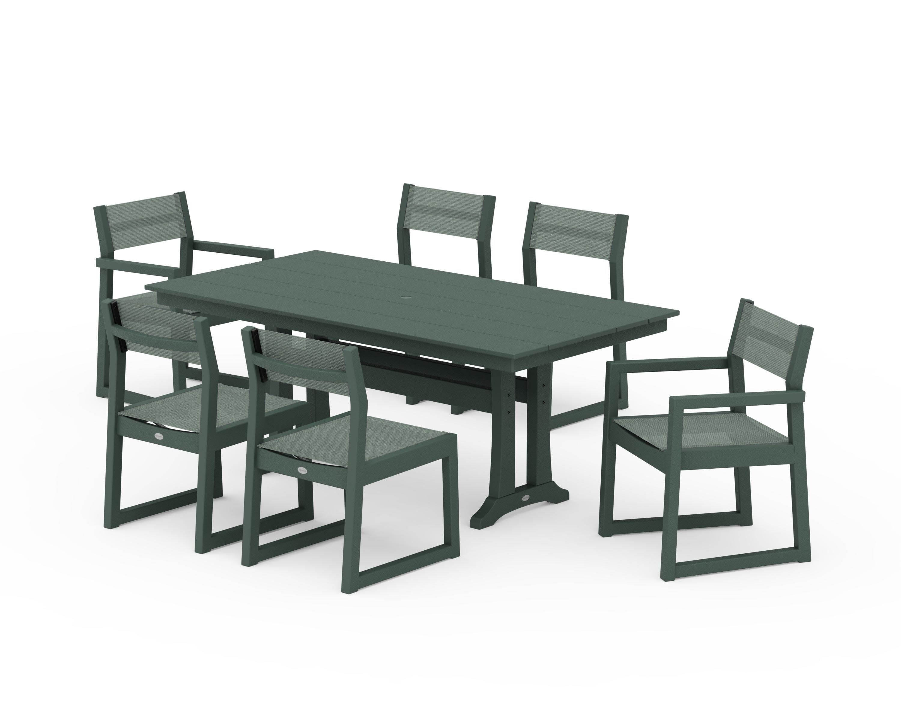 EDGE Sling 7-Piece Farmhouse Trestle Dining Set in Green / Dupioni Sea Mist Sling