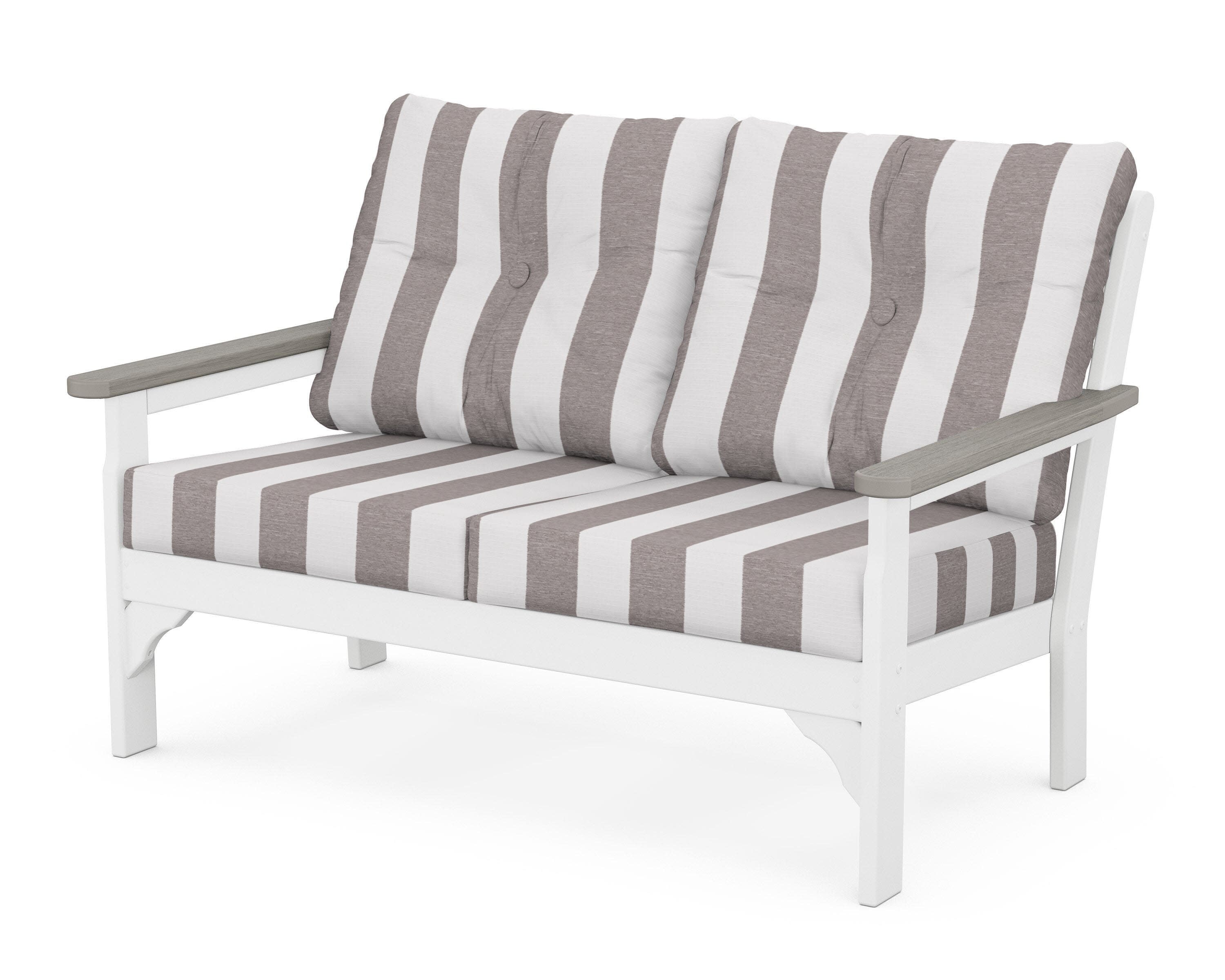Vineyard Deep Seating Loveseat in White / Driftwood / Cabana Stripe Grey Mist