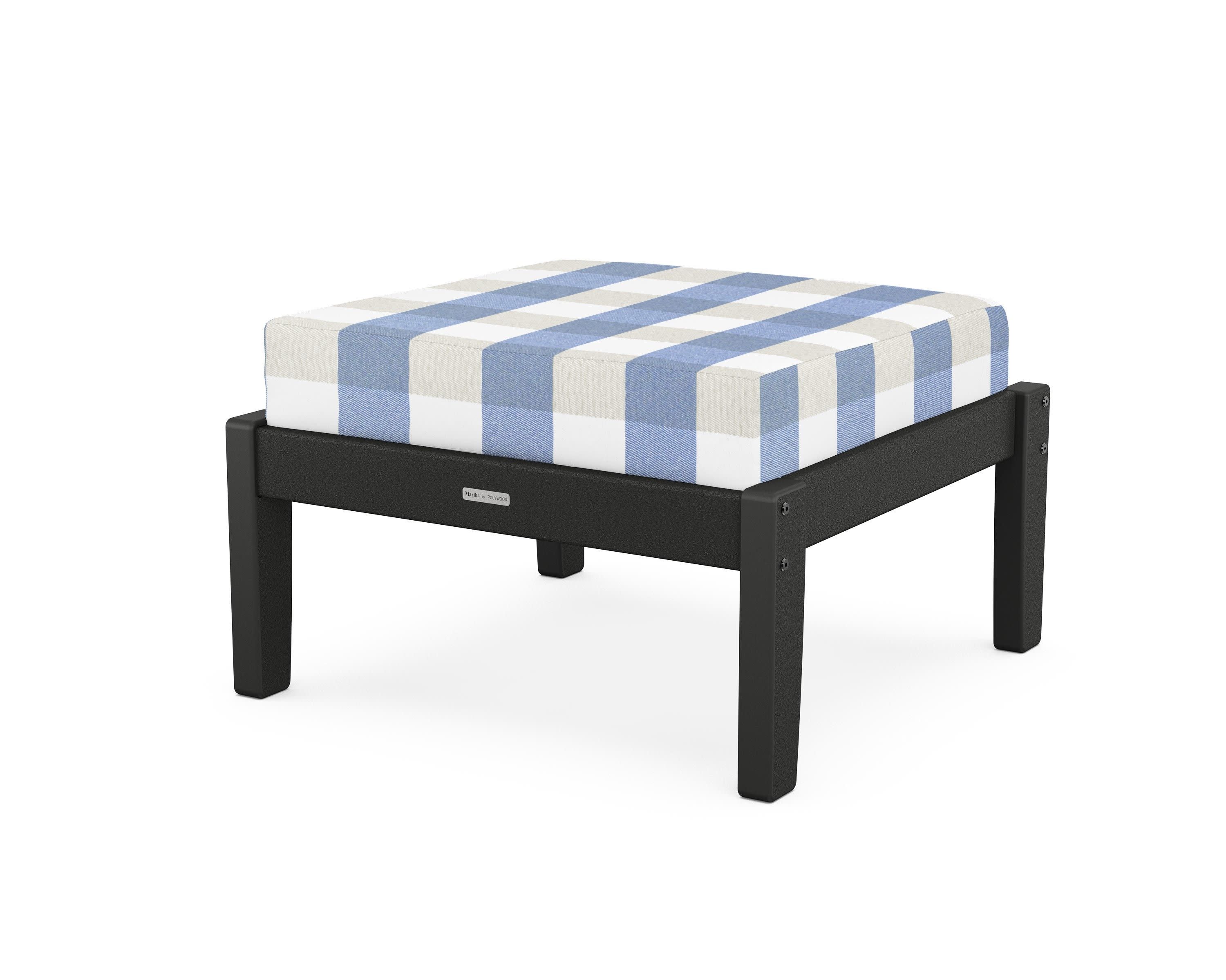 Chinoiserie Deep Seating Ottoman in Black / Buffalo Plaid Sky Blue