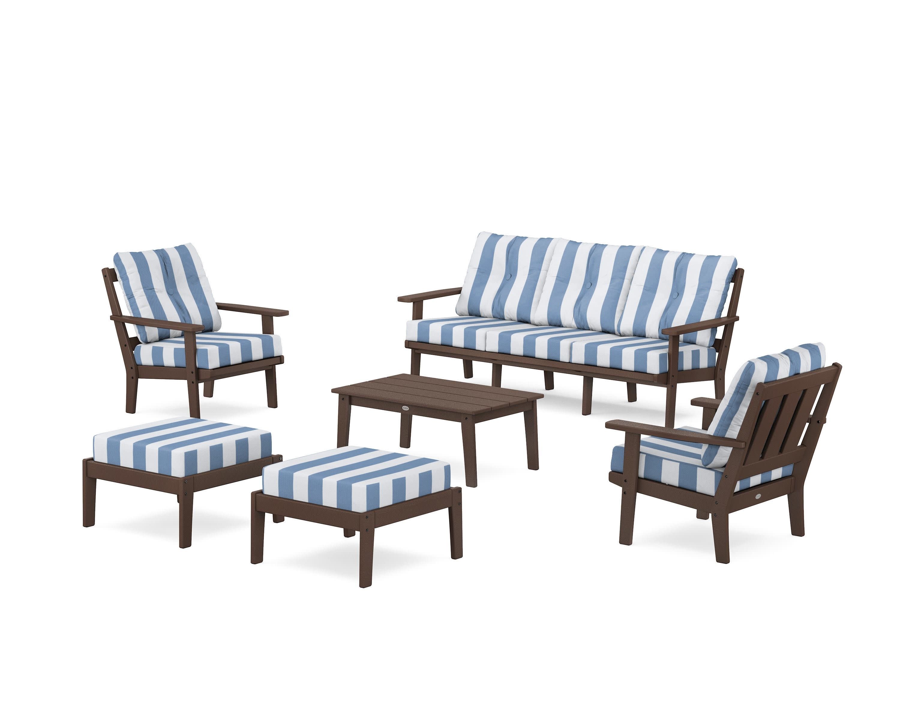 Oxford 6-Piece Lounge Sofa Set in Mahogany / Cabana Stripe Sky Blue