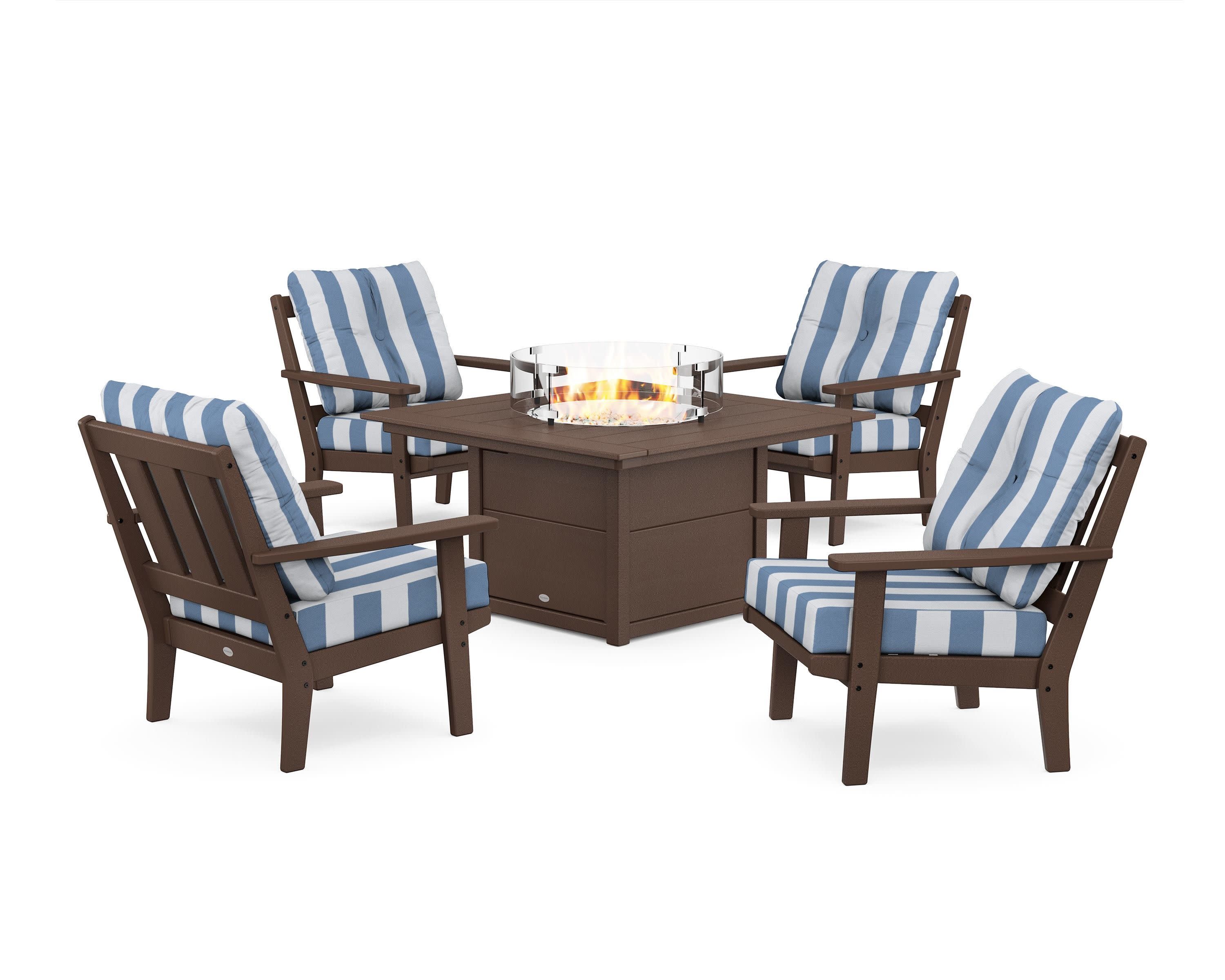 Oxford 5-Piece Deep Seating Set with Fire Pit Table in Mahogany / Cabana Stripe Sky Blue