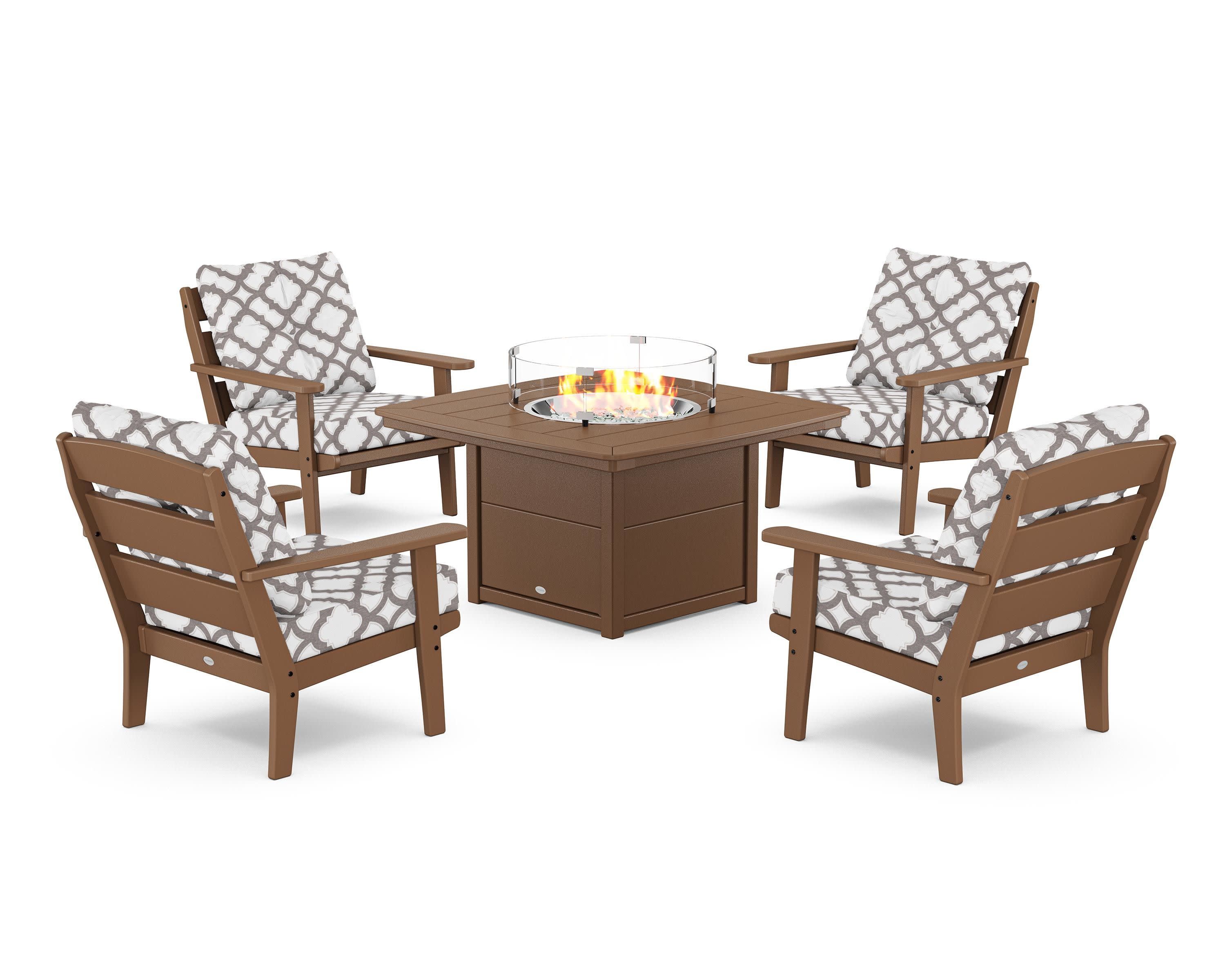 Lakeside 5-Piece Deep Seating Set with Nautical Fire Pit Table in Teak / Trellis Grey Mist