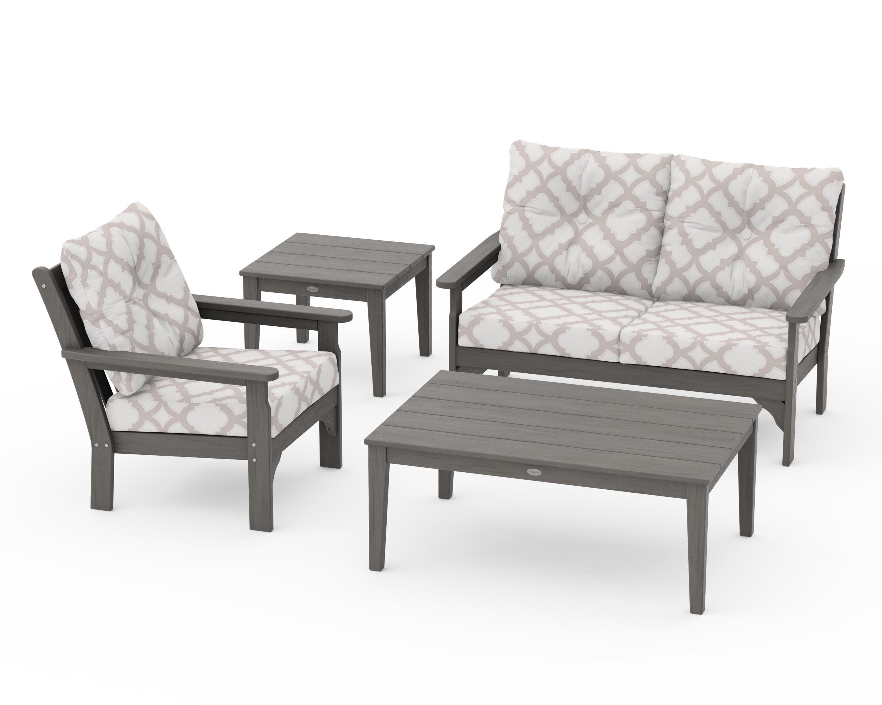 Vineyard 4-Piece Deep Seating Set in Driftwood / Trellis Dune Burlap