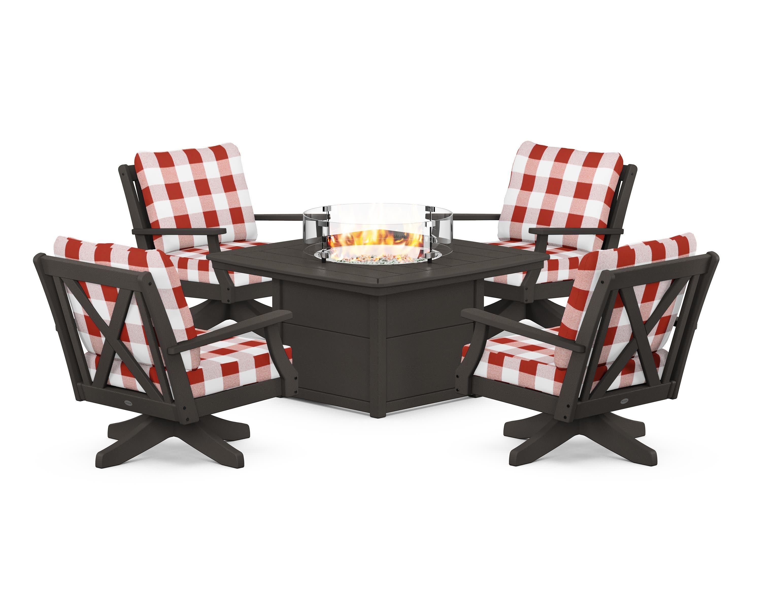 Braxton 5-Piece Deep Seating Swivel Conversation Set with Fire Pit Table in Vintage Coffee / Buffalo Plaid Crimson