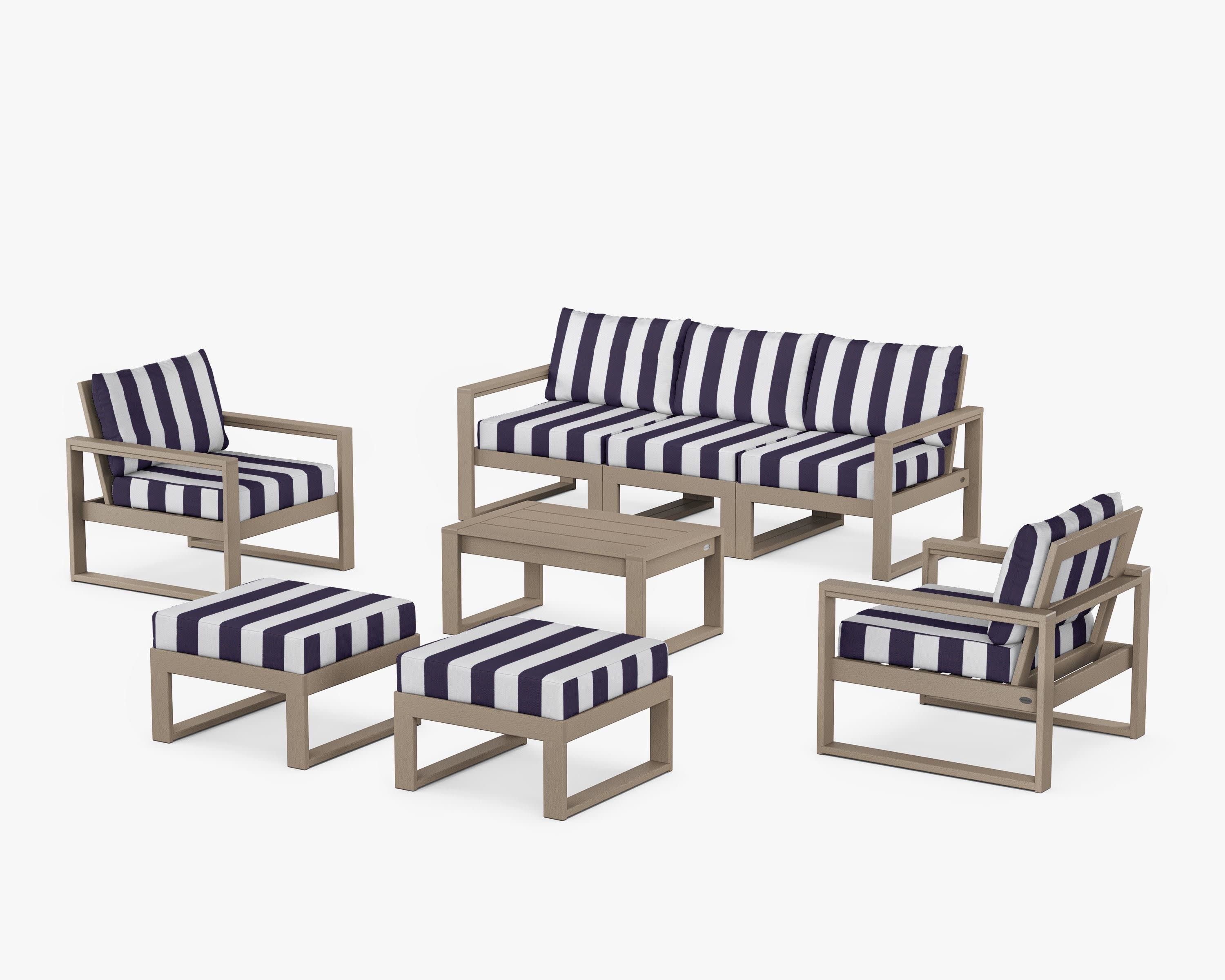 EDGE Sectional 8-Piece Lounge Sofa Set in Vintage Sahara / Cabana Stripe Navy