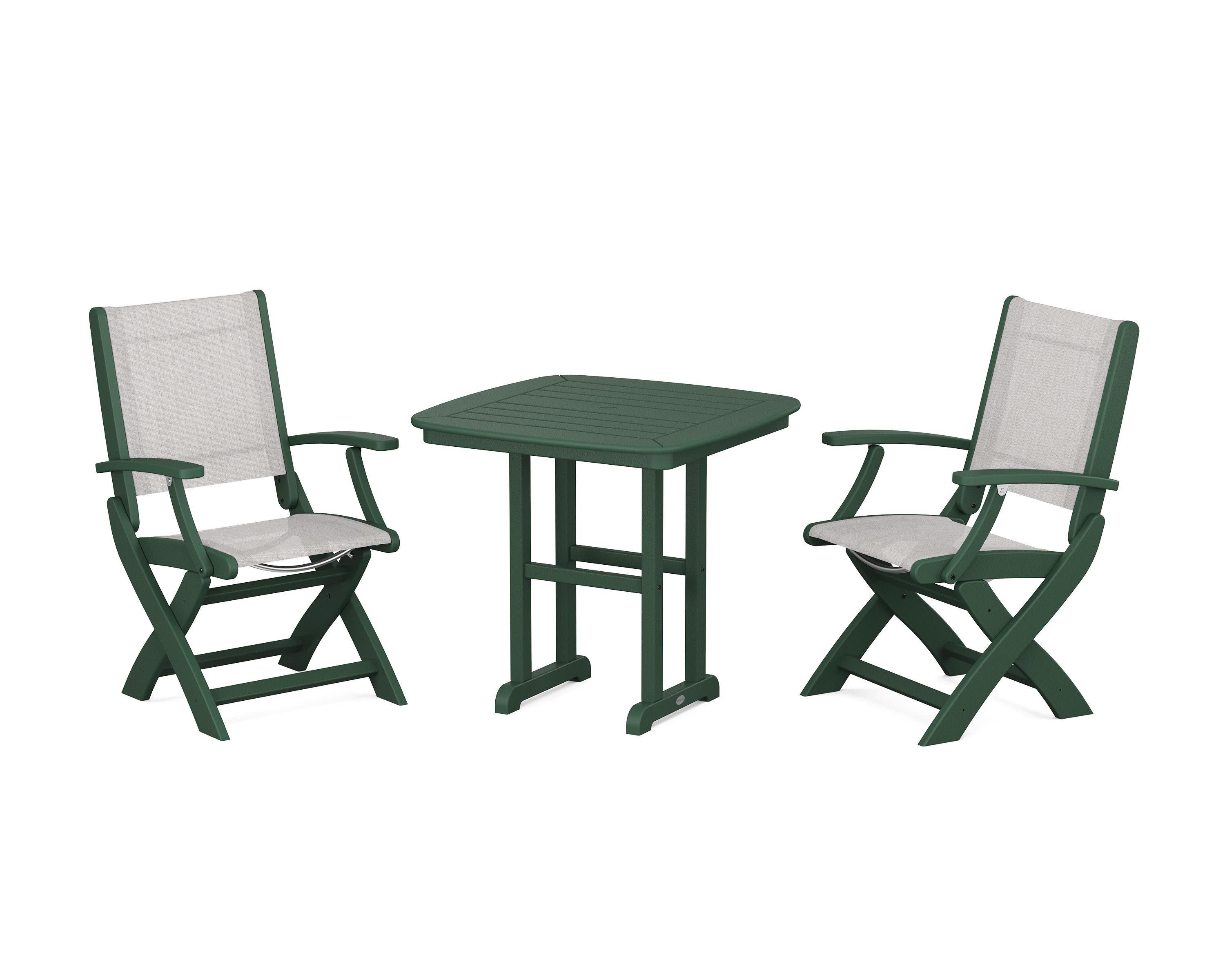 Coastal Folding Chair 3-Piece Dining Set in Green / Parchment Sling