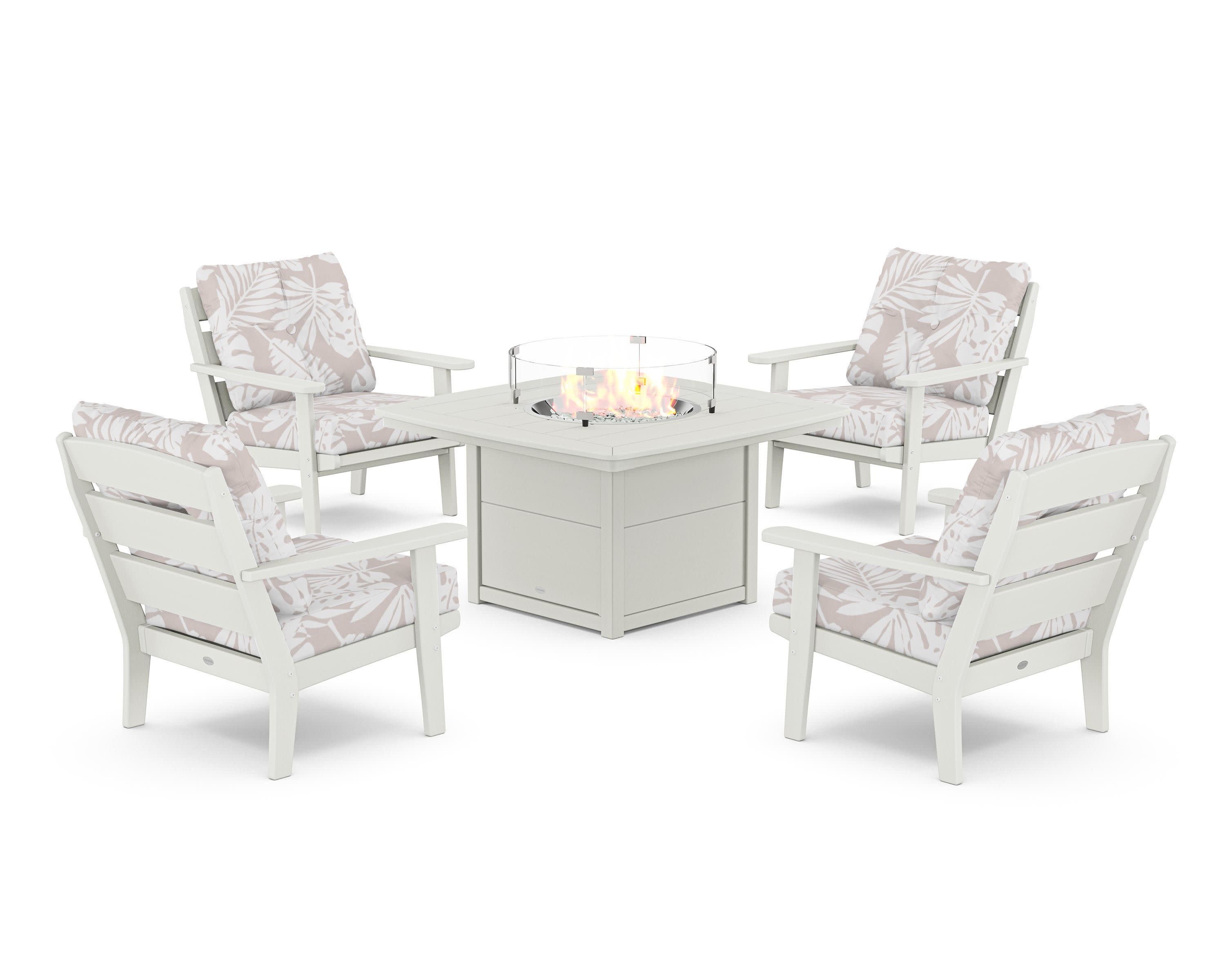 Lakeside 5-Piece Deep Seating Set with Nautical Fire Pit Table in Vintage White / Leaf Dune Burlap