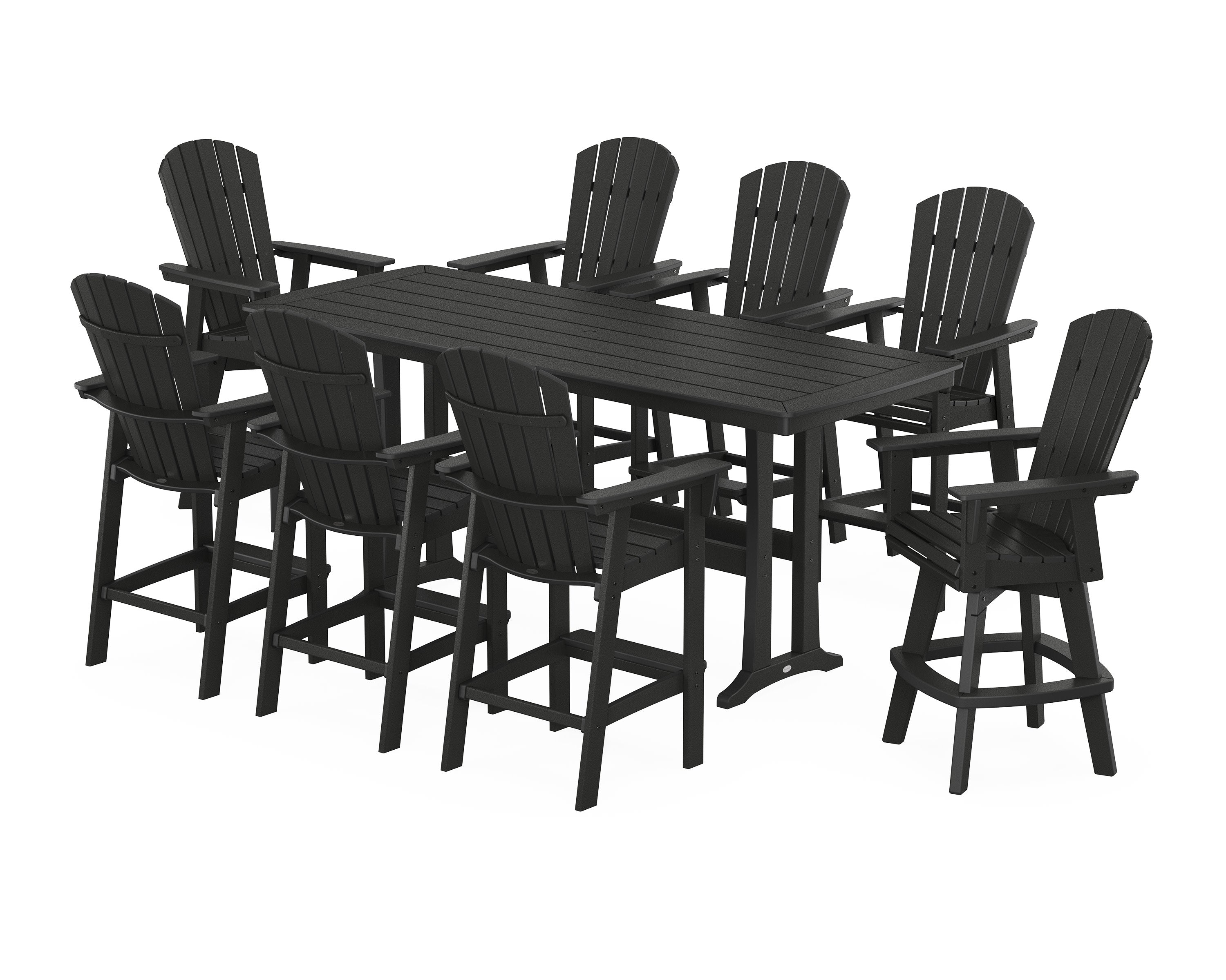 Nautical Curveback Adirondack Swivel 9-Piece Bar Set with Trestle Legs in Black