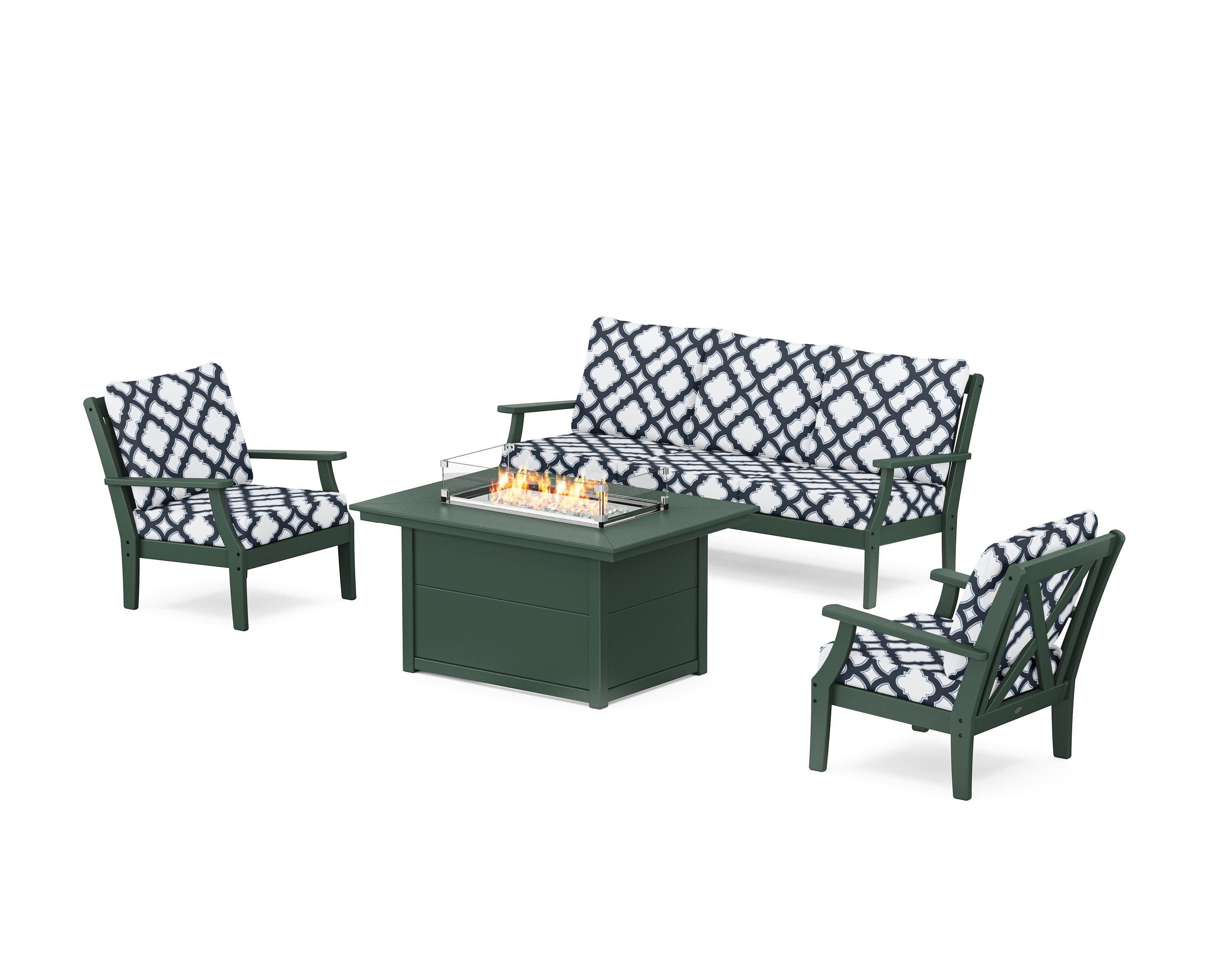 Braxton Deep Seating Fire Pit Table Set in Green / Trellis Marine Indigo