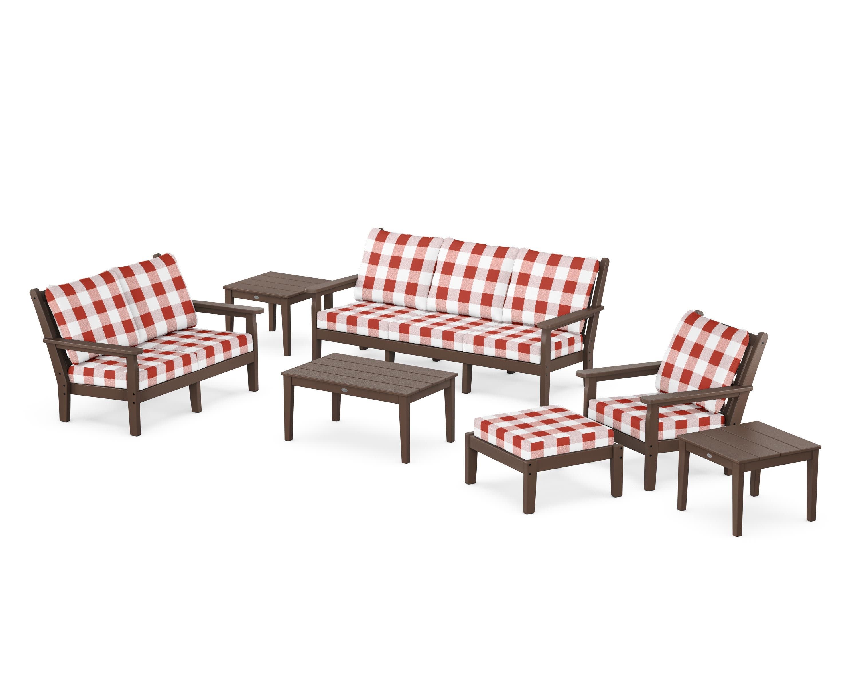 Chippendale 7-Piece Deep Seating Set in Mahogany / Buffalo Plaid Crimson