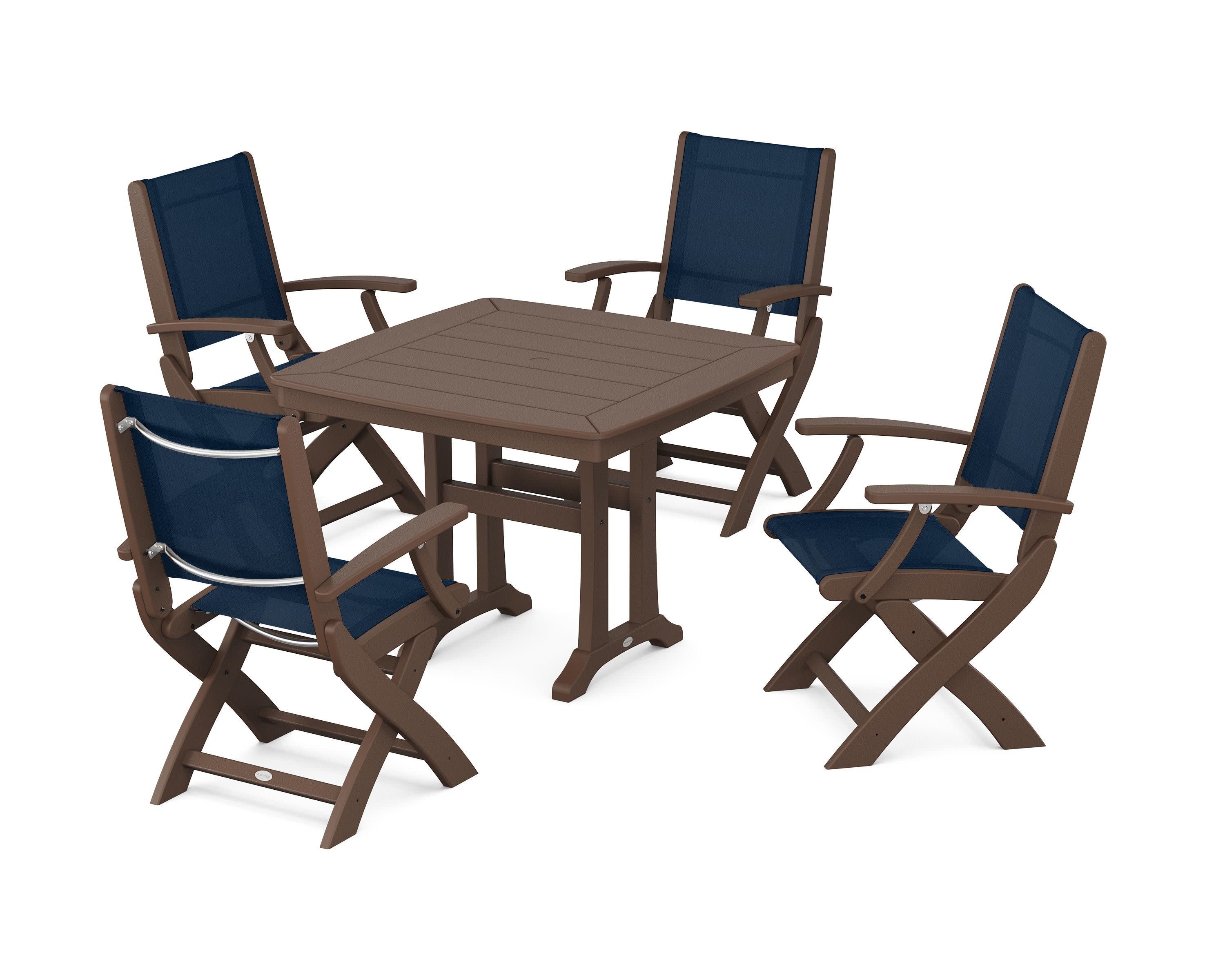 Coastal Folding Chair 5-Piece Dining Set with Trestle Legs in Mahogany / Navy Blue Sling