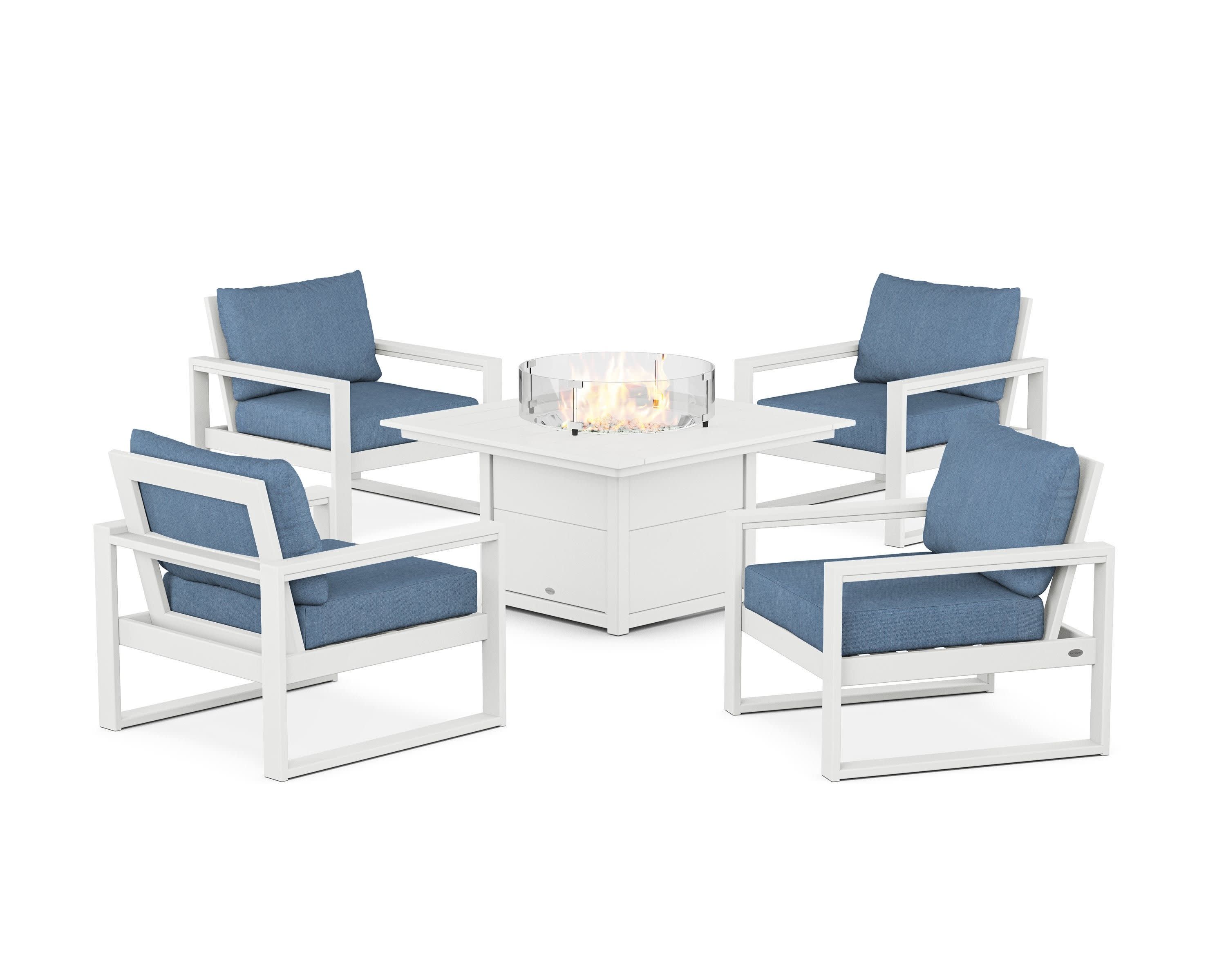 EDGE Sectional 5-Piece Deep Seating Set with Fire Pit Table in White / Sky Blue