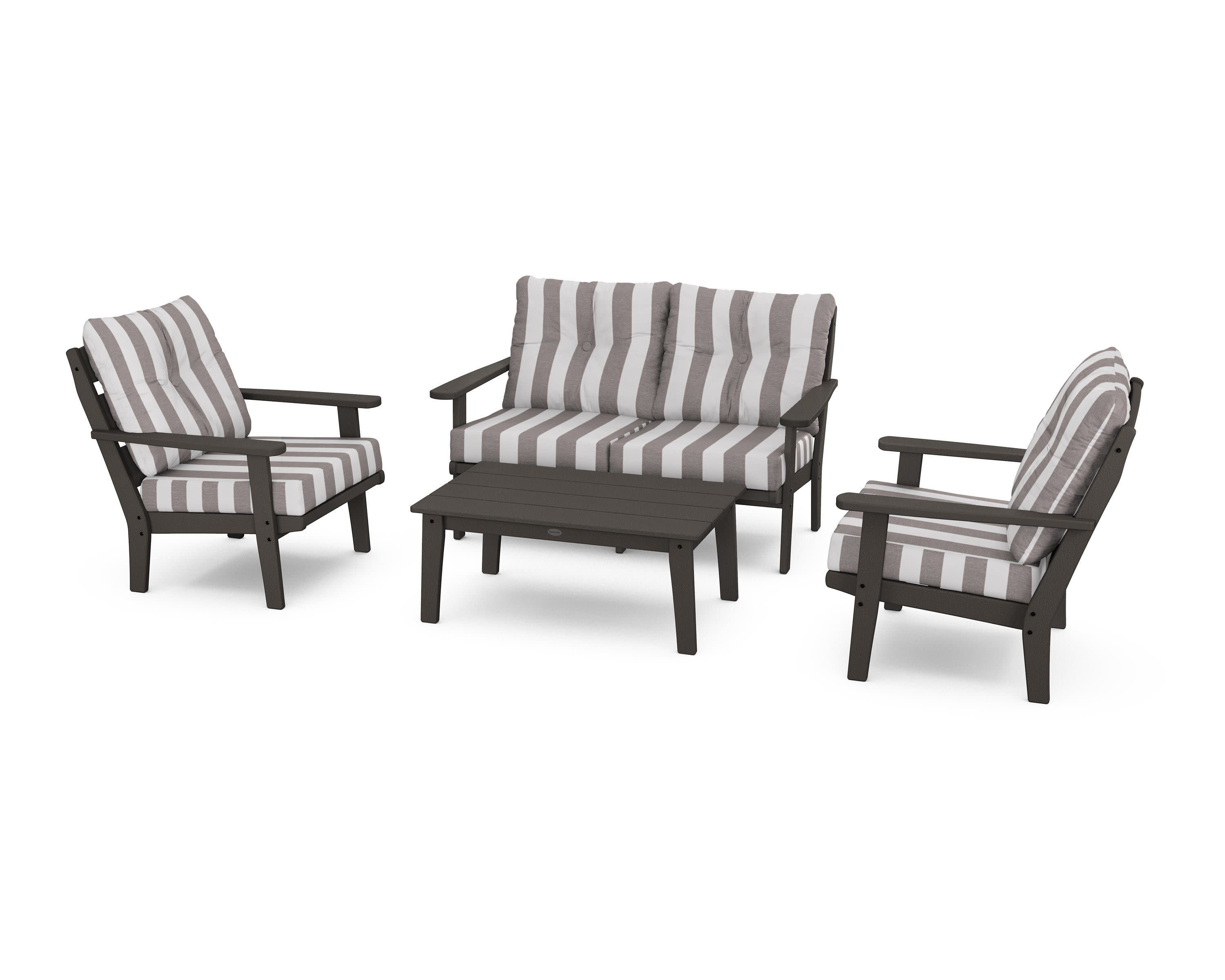 Lakeside 4-Piece Deep Seating Set in Vintage Coffee / Cabana Stripe Grey Mist