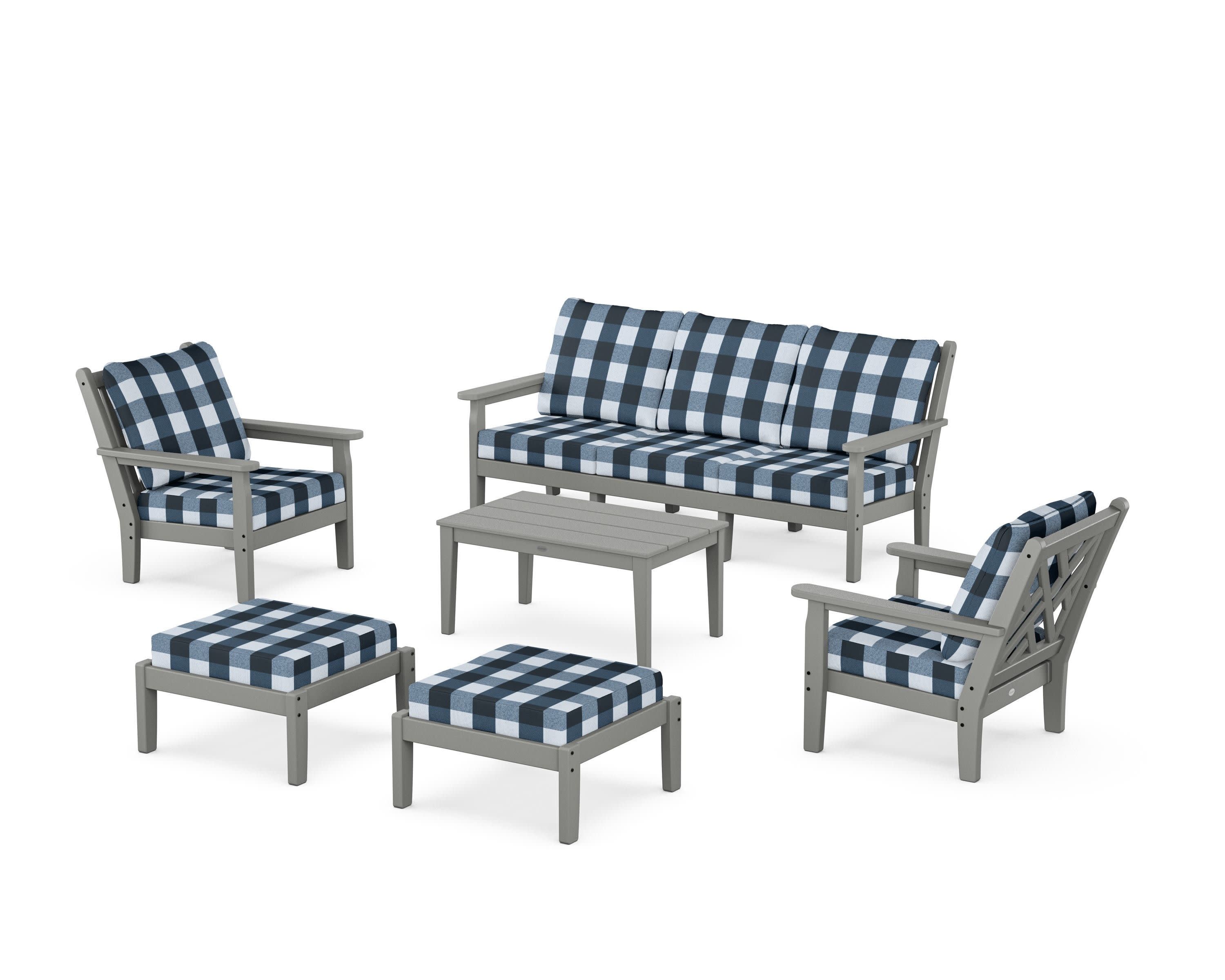 Chippendale 6-Piece Lounge Sofa Set in Slate Grey / Buffalo Plaid Marine Indigo
