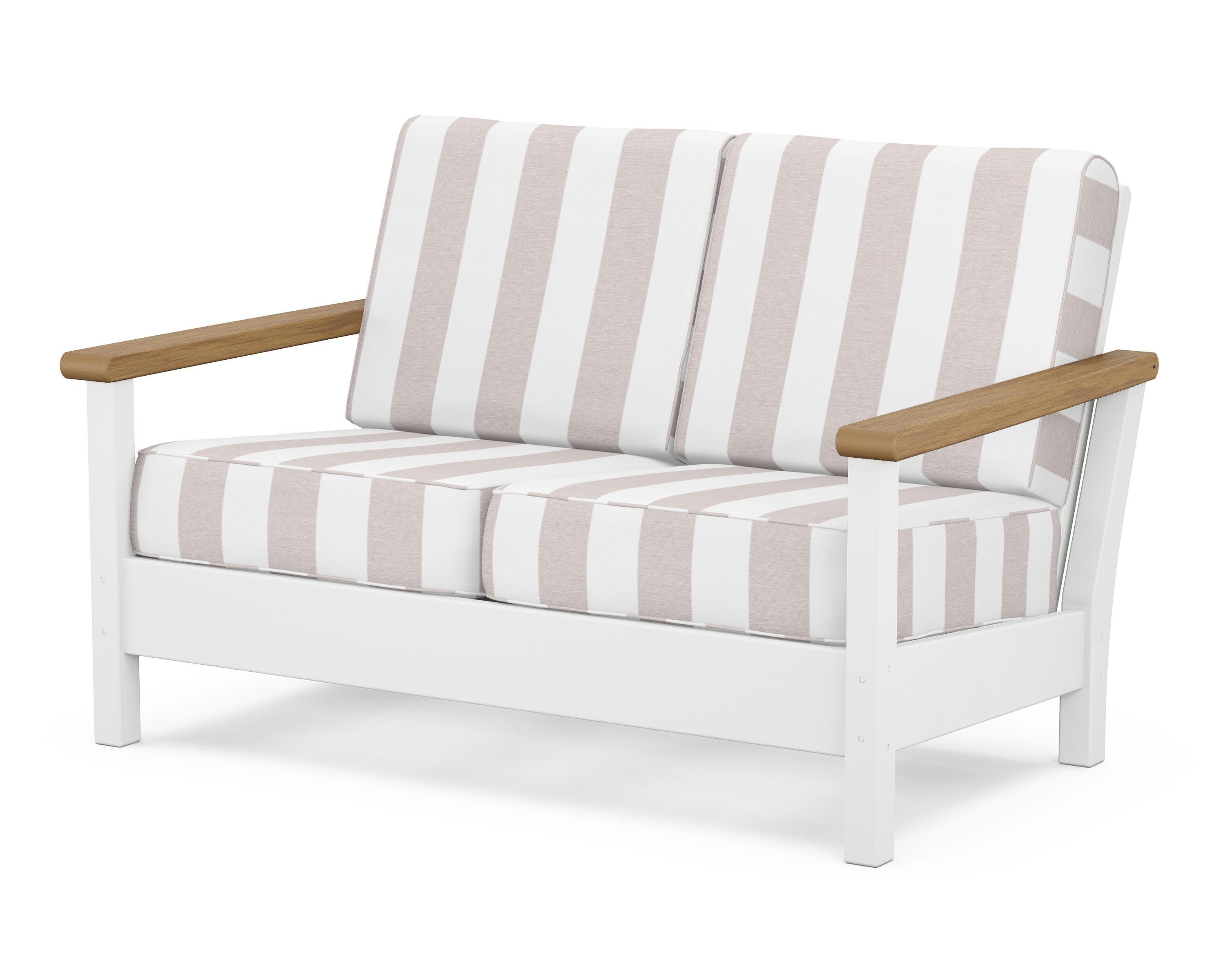 Harbour Deep Seating Loveseat in White / Natural / Cabana Stripe Dune Burlap