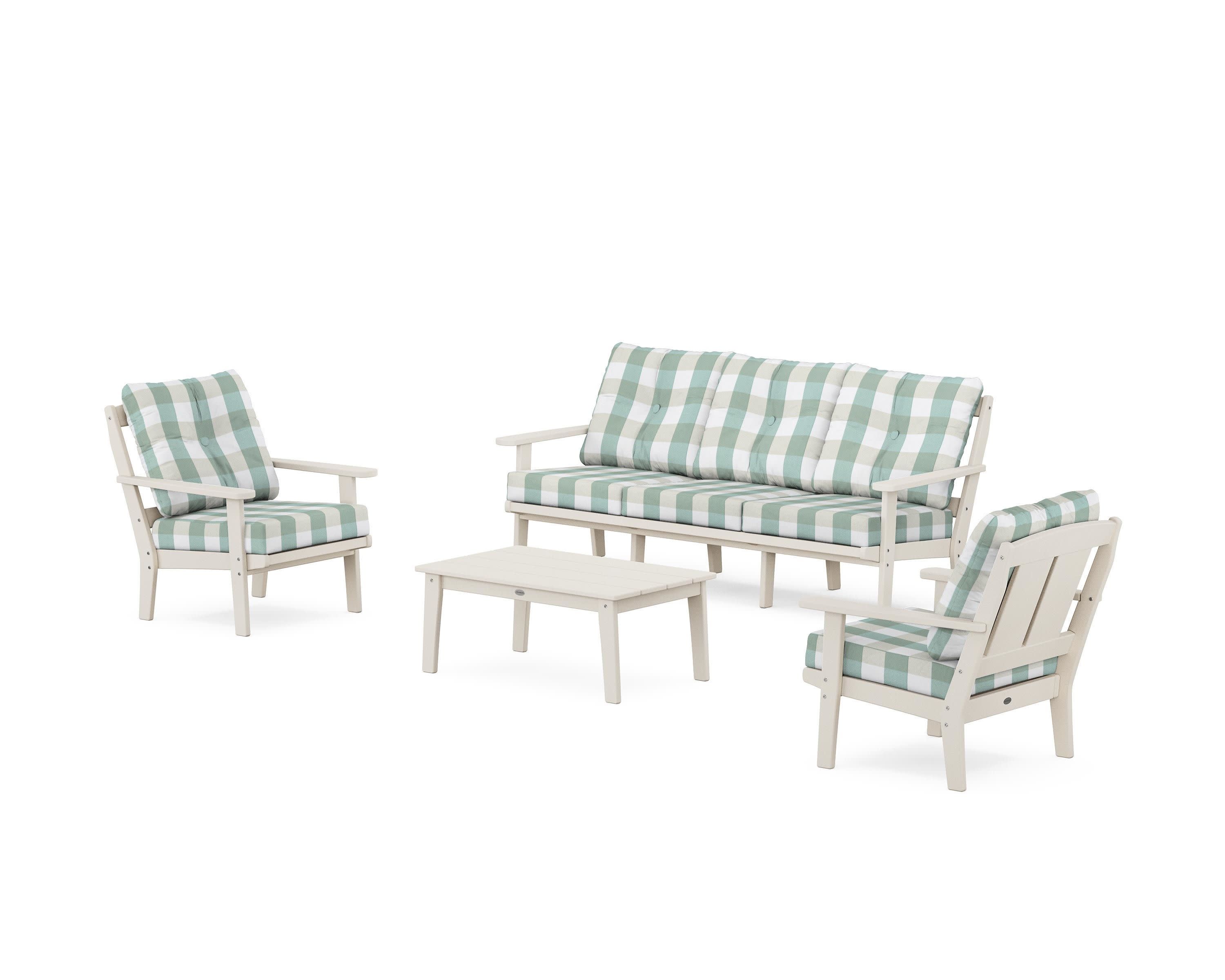Mission 4-Piece Deep Seating Set with Sofa in Sand / Buffalo Plaid Glacier Spa