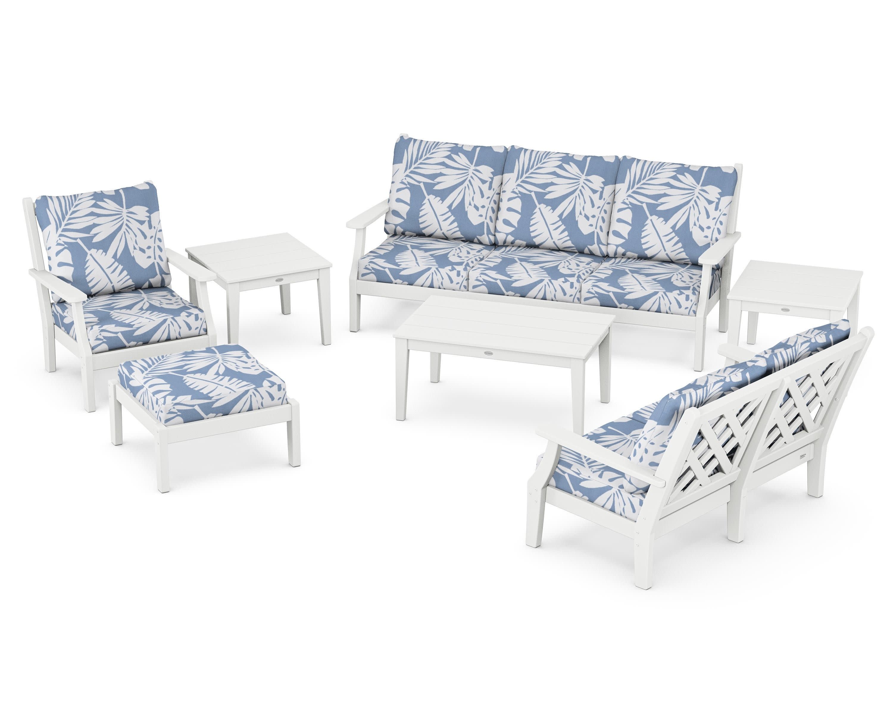 Wovendale 7-Piece Deep Seating Set in White / Leaf Sky Blue