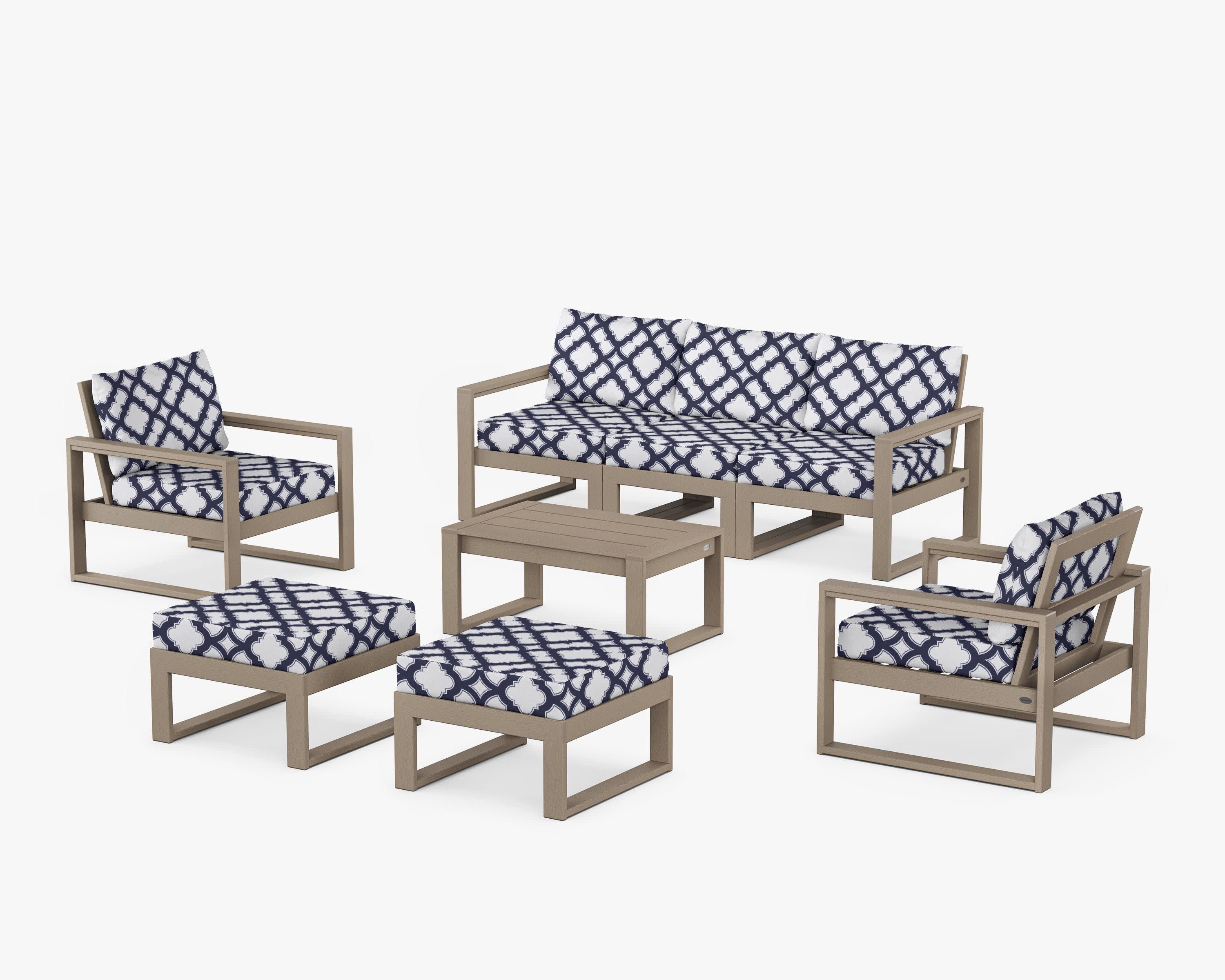 EDGE Sectional 8-Piece Lounge Sofa Set in Vintage Sahara / Trellis Navy