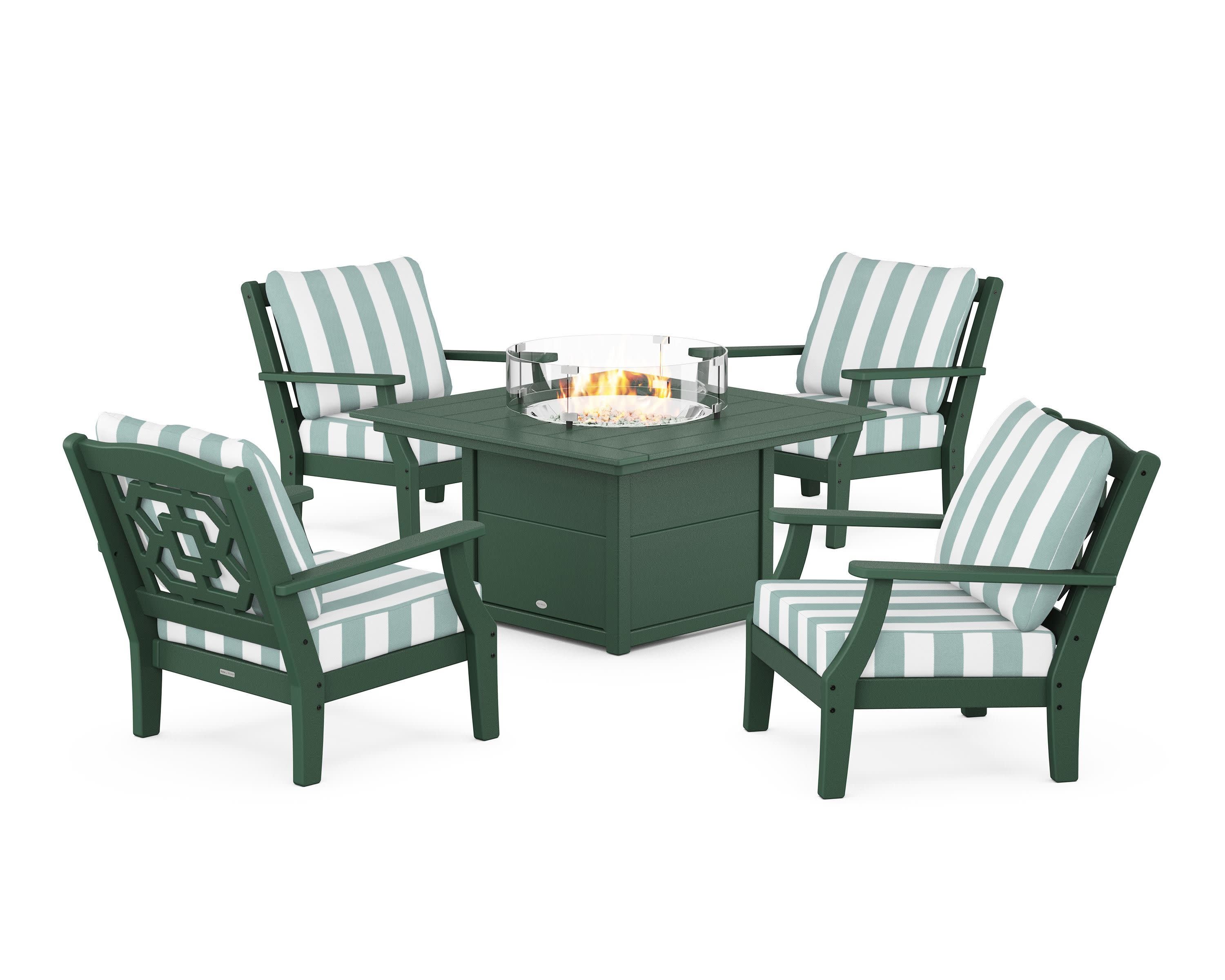 Chinoiserie 5-Piece Deep Seating Set with Fire Pit Table in Green / Cabana Stripe Glacier Spa