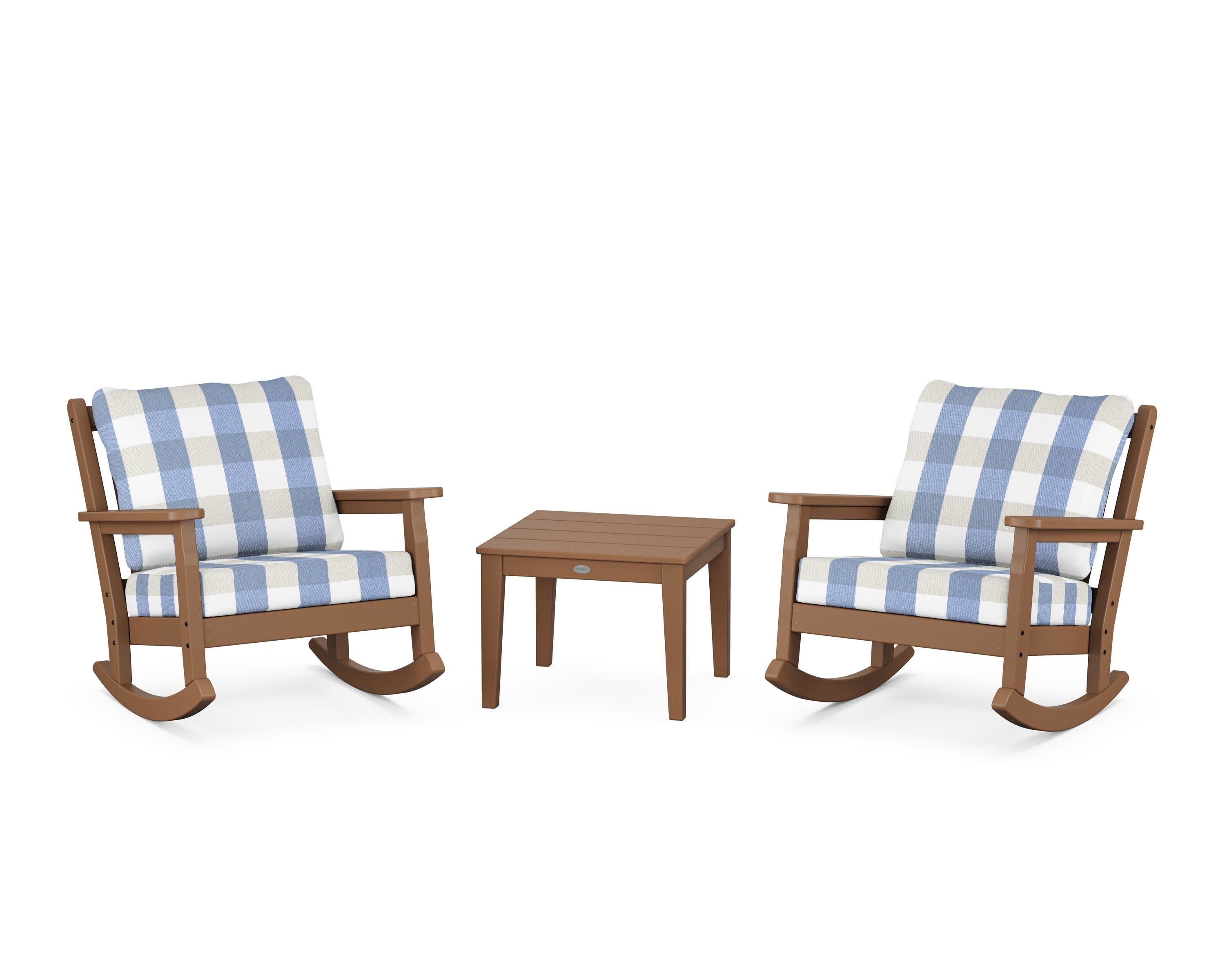 Chippendale 3-Piece Deep Seating Rocker Set in Teak / Buffalo Plaid Sky Blue