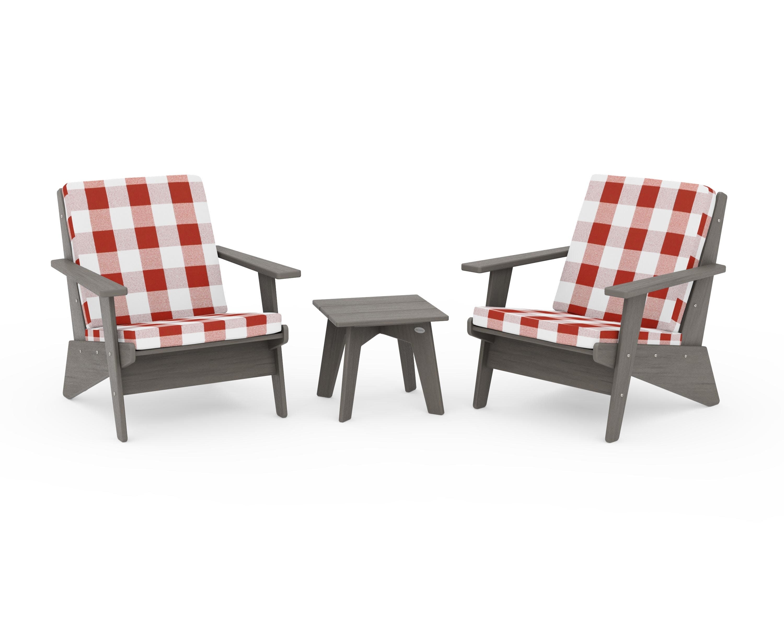 Riviera Modern Lounge 3-Piece Set in Driftwood / Buffalo Plaid Crimson