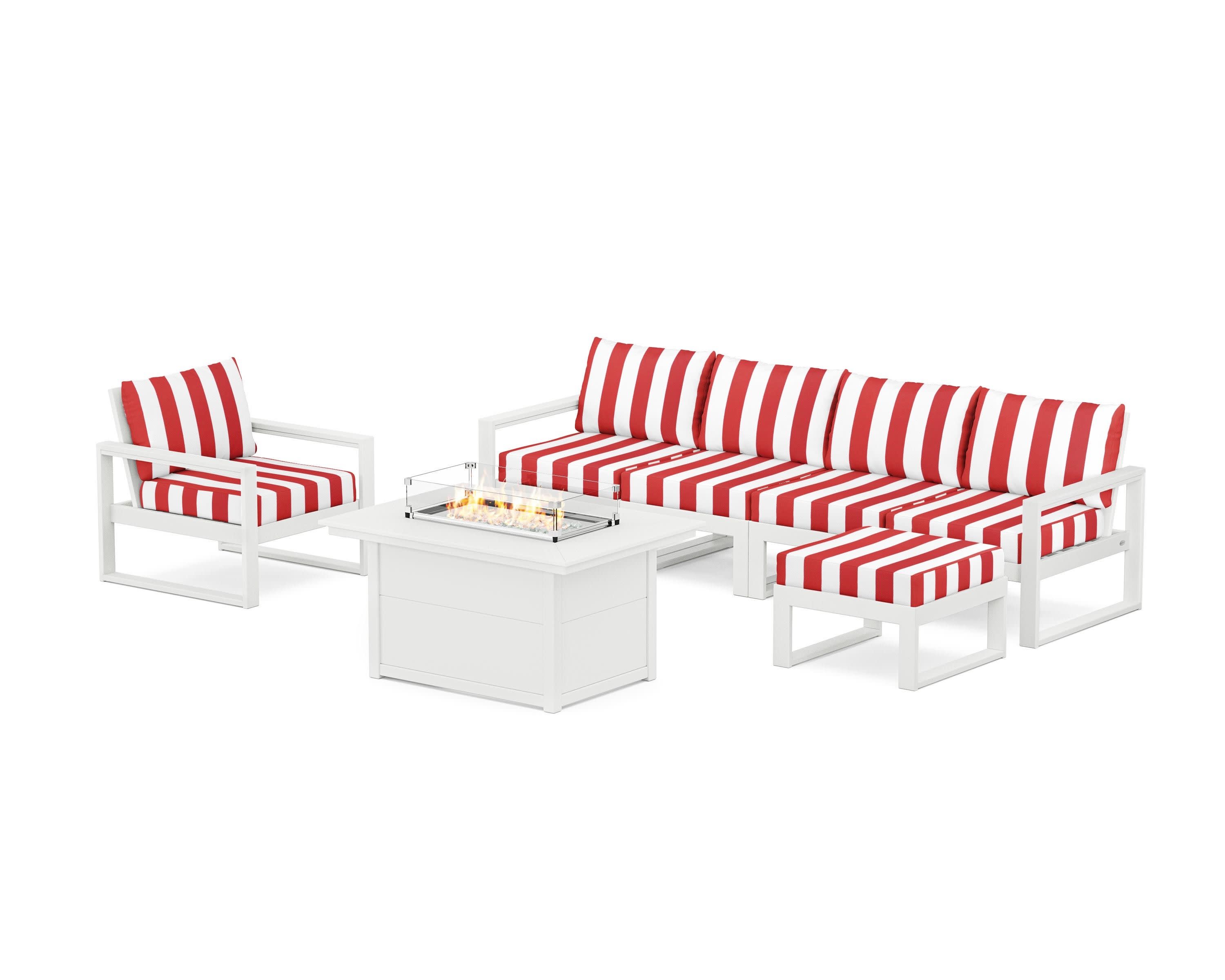 EDGE Sectional Lounge and Fire Pit Set in White / Cabana Stripe Crimson
