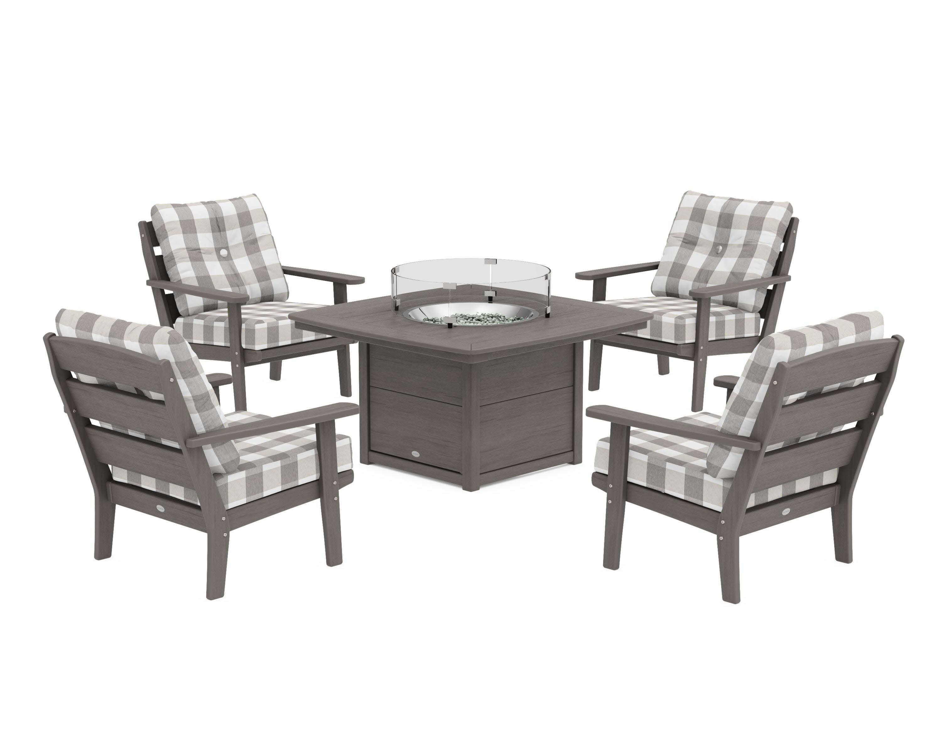 Lakeside 5-Piece Deep Seating Set with Nautical Fire Pit Table in Driftwood / Buffalo Plaid Grey Mist