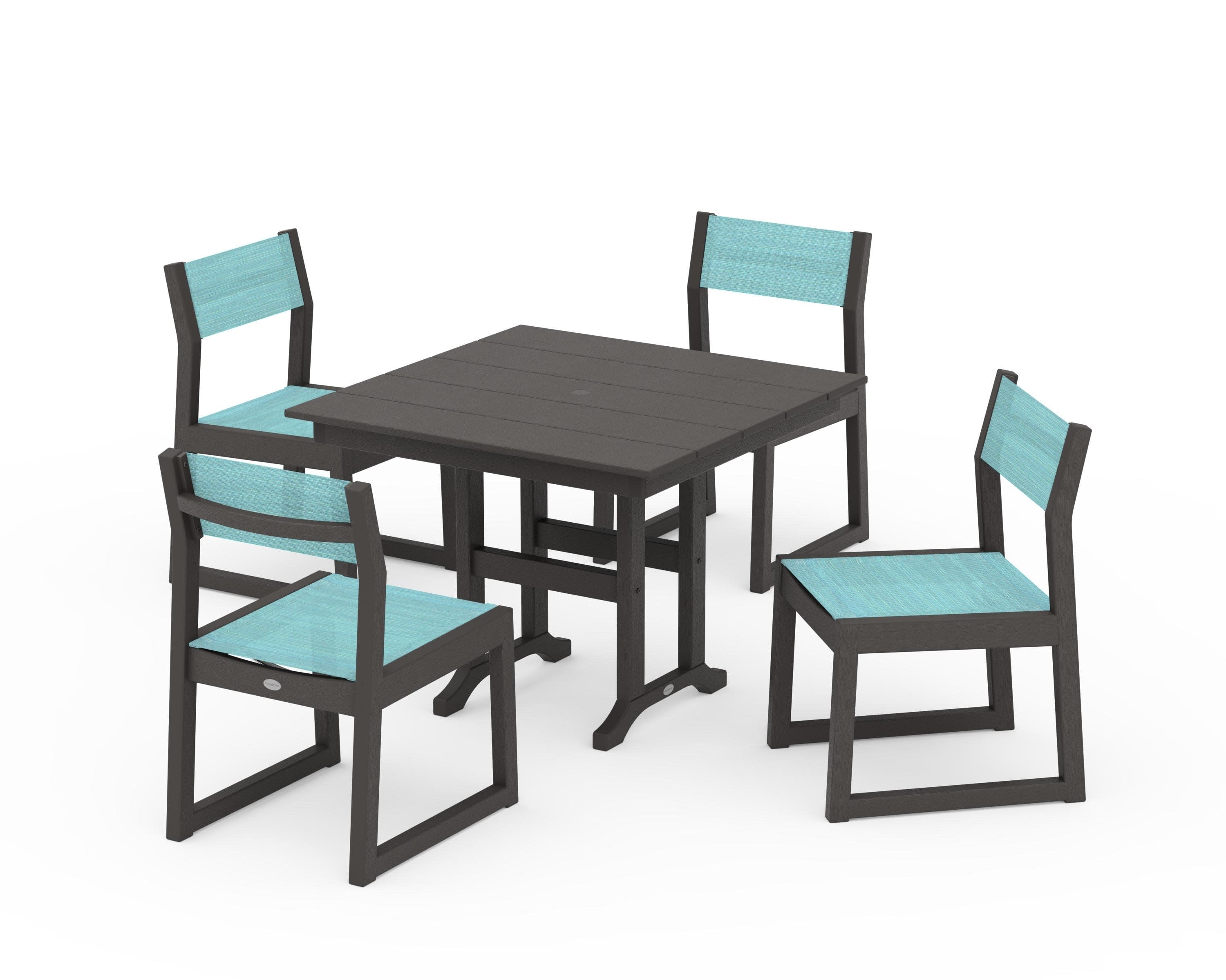 EDGE Sling Side Chair 5-Piece Farmhouse Dining Set in Vintage Coffee / Dupioni Aquamarine Sling