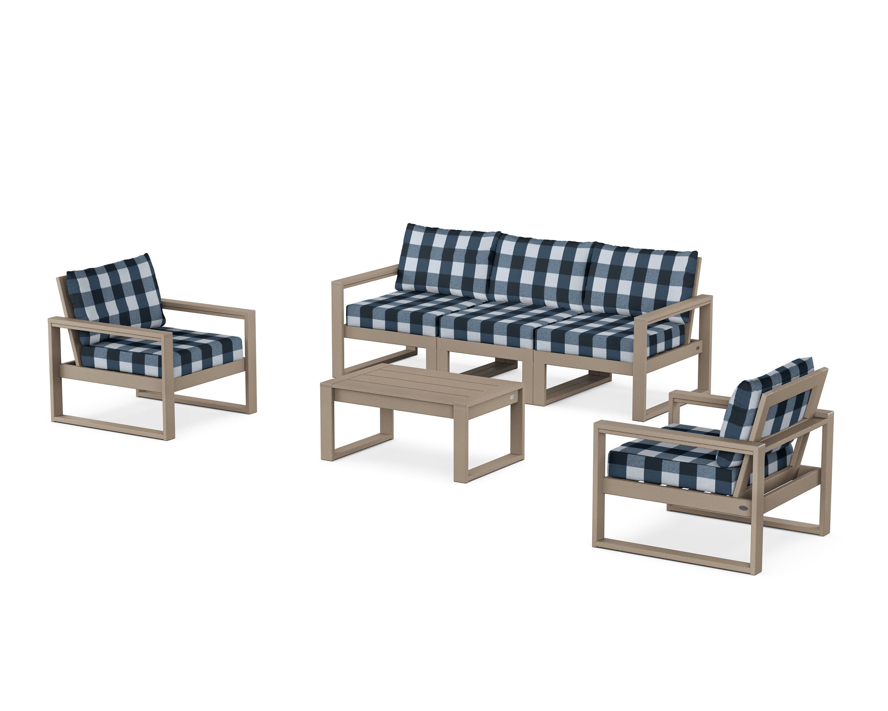 EDGE Sectional 4-Piece Deep Seating Set with Sofa in Vintage Sahara / Buffalo Plaid Marine Indigo
