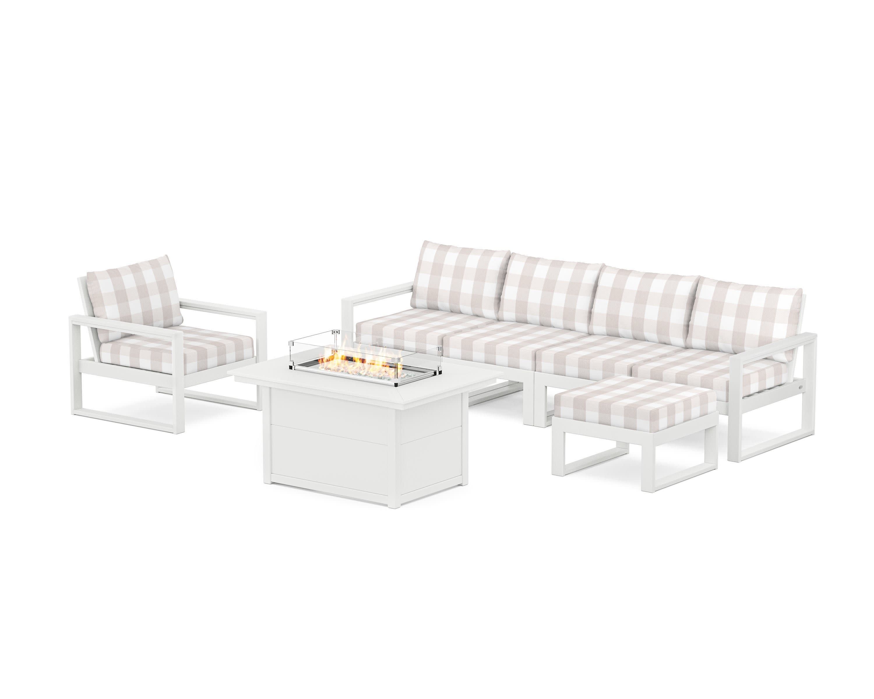 EDGE Sectional Lounge and Fire Pit Set in White / Buffalo Plaid Dune Burlap