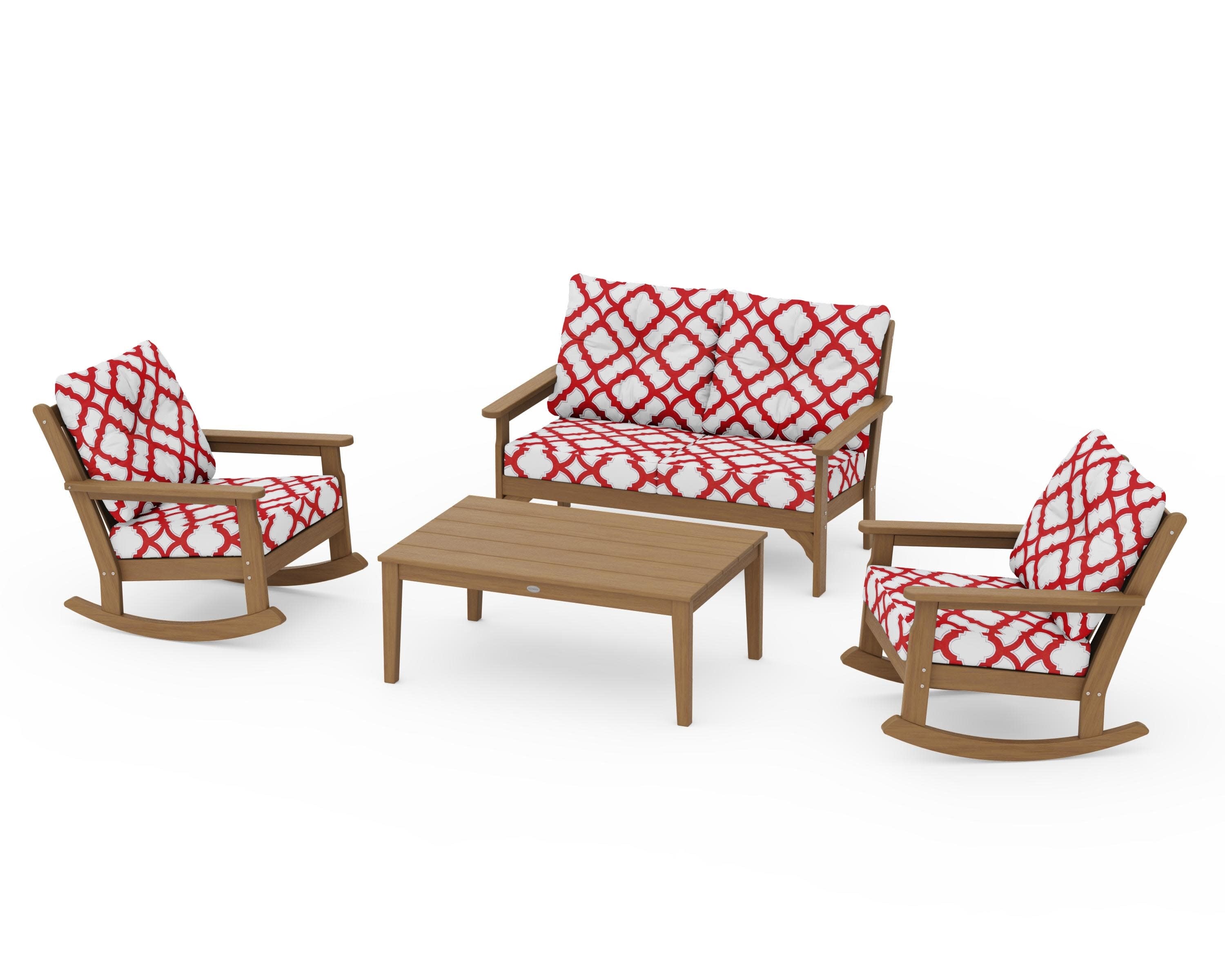 Vineyard 4-Piece Deep Seating Rocking Chair Set in Natural / Trellis Crimson