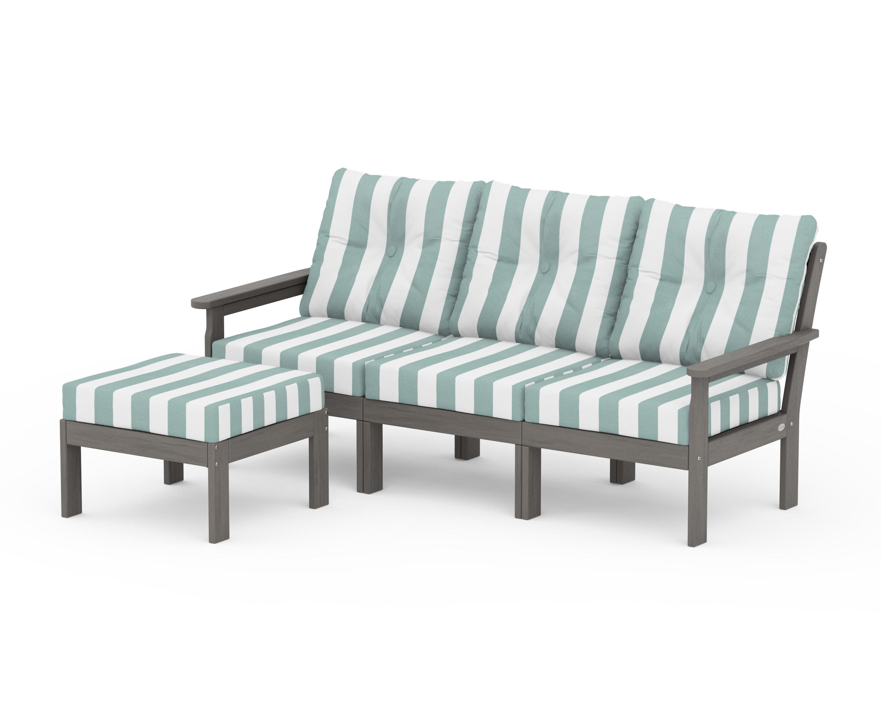 Vineyard 4-Piece Sectional with Ottoman in Driftwood / Cabana Stripe Glacier Spa
