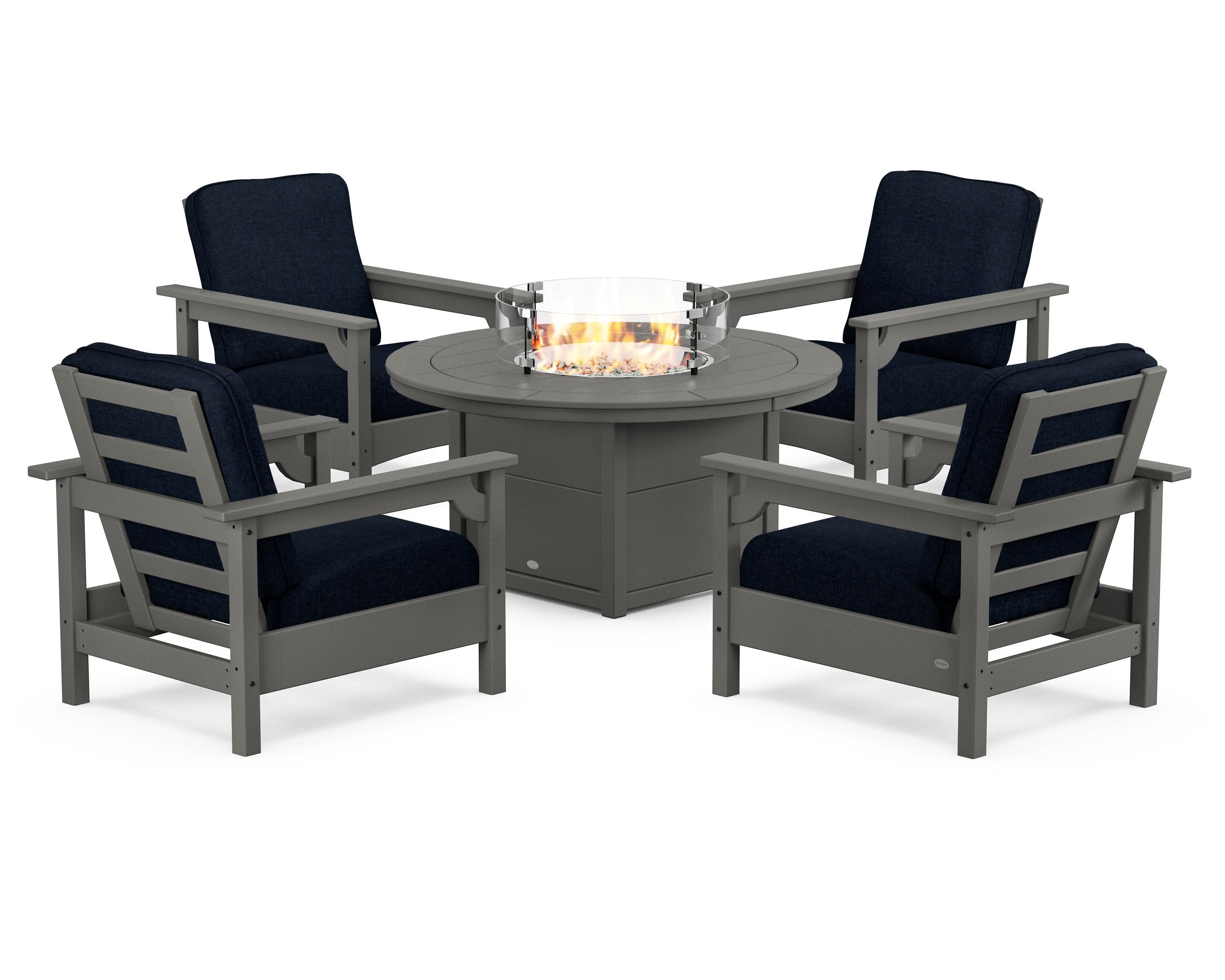 Club 5-Piece Conversation Set with Fire Pit Table in Slate Grey / Marine Indigo