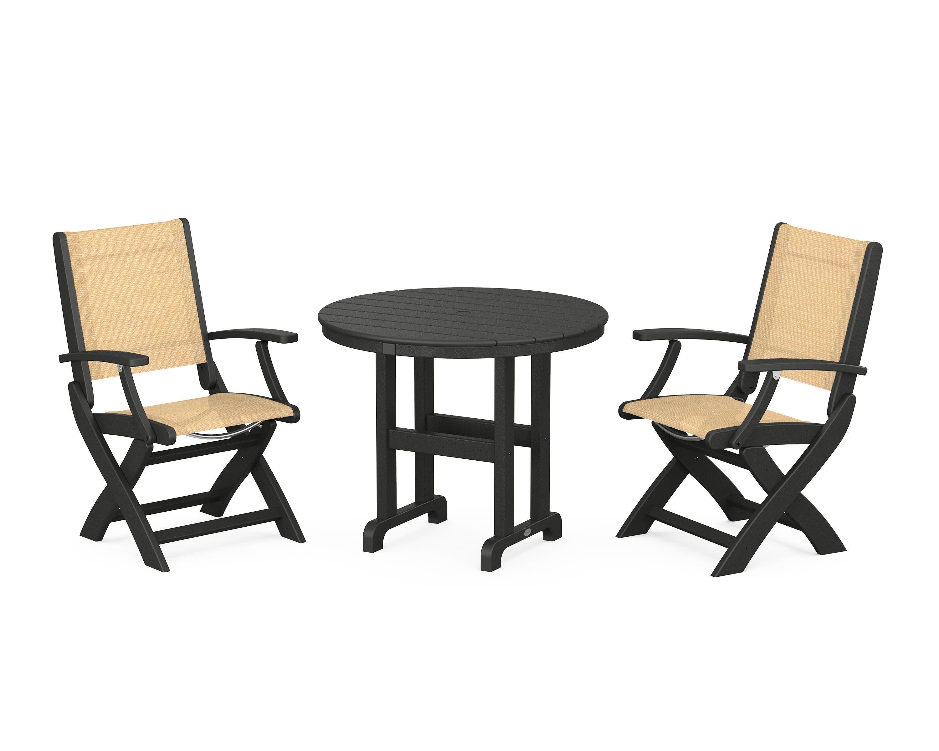 Coastal Folding Chair 3-Piece Round Dining Set in Black / Dupioni Apricot Sling