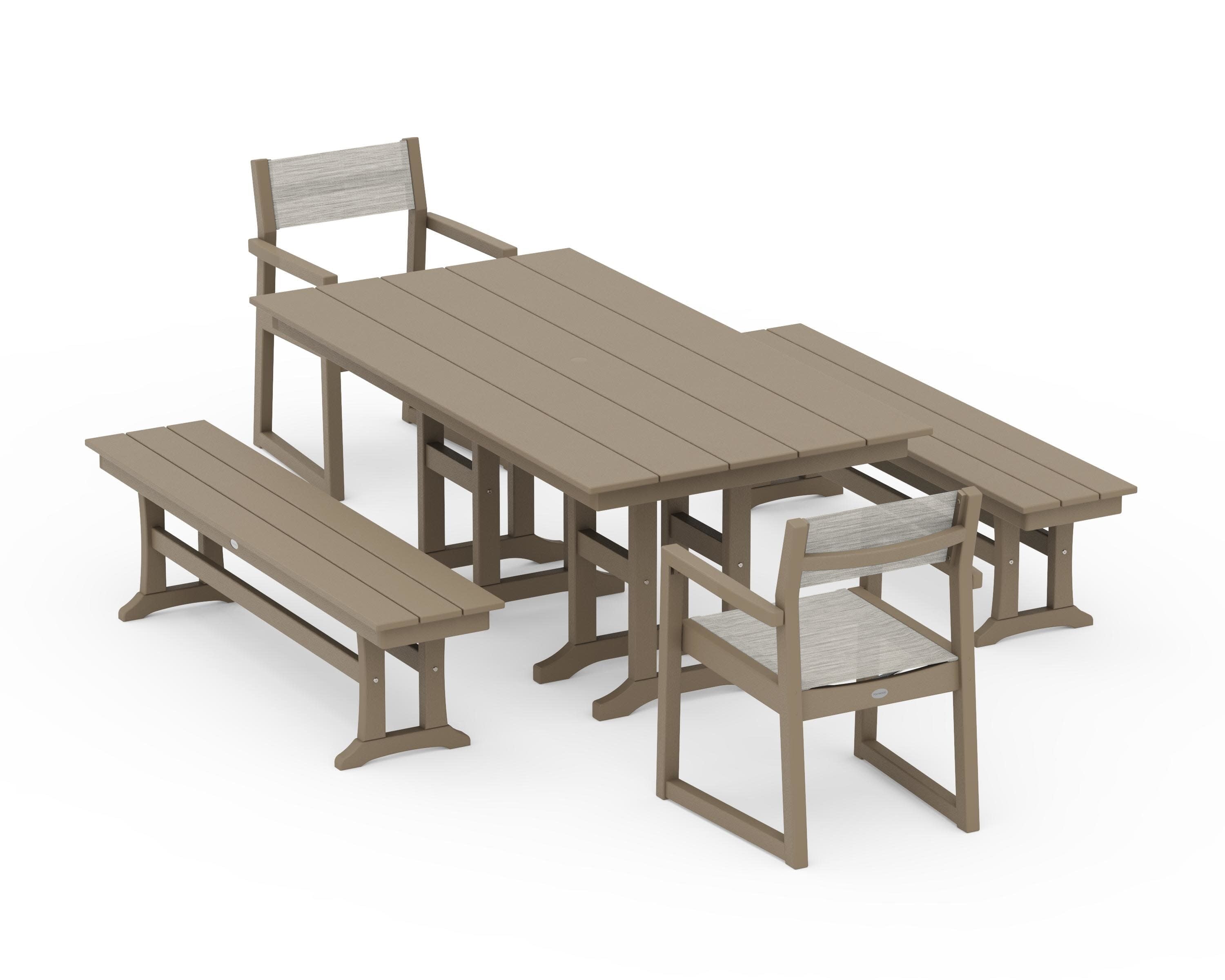 EDGE Sling Arm Chair 5-Piece Farmhouse Dining Set with Benches in Vintage Sahara / Birch Sling